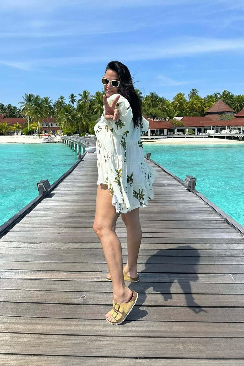 NEHA DHUPIA In Off-White Hand painted Banana Tree Print Tier Short Dress