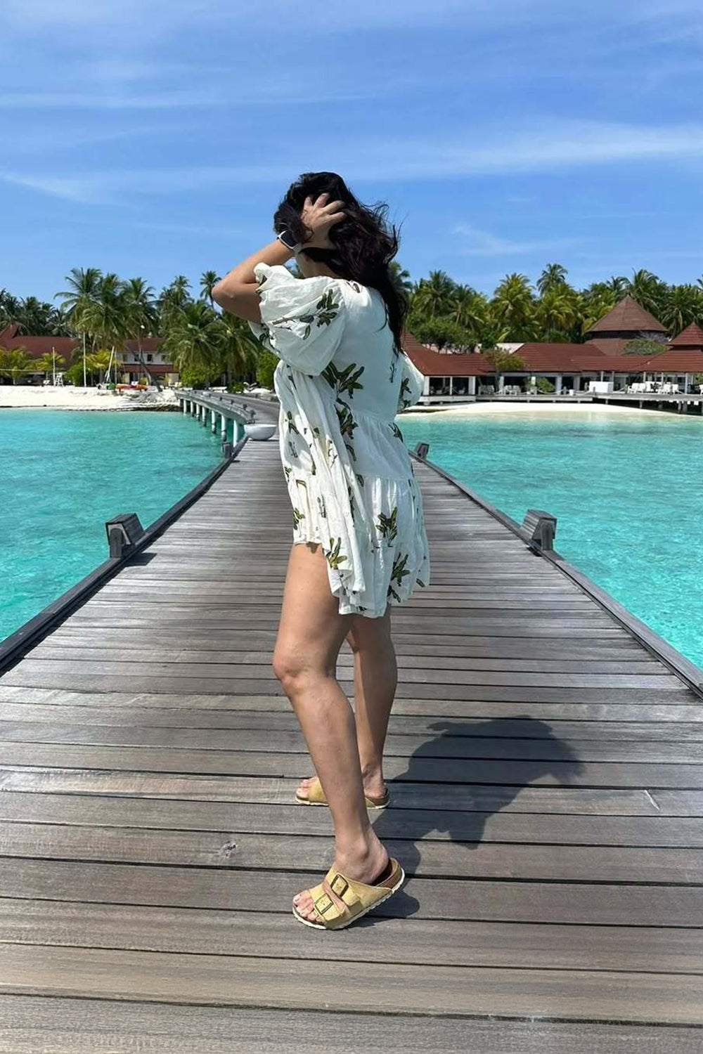 NEHA DHUPIA In Off-White Hand painted Banana Tree Print Tier Short Dress