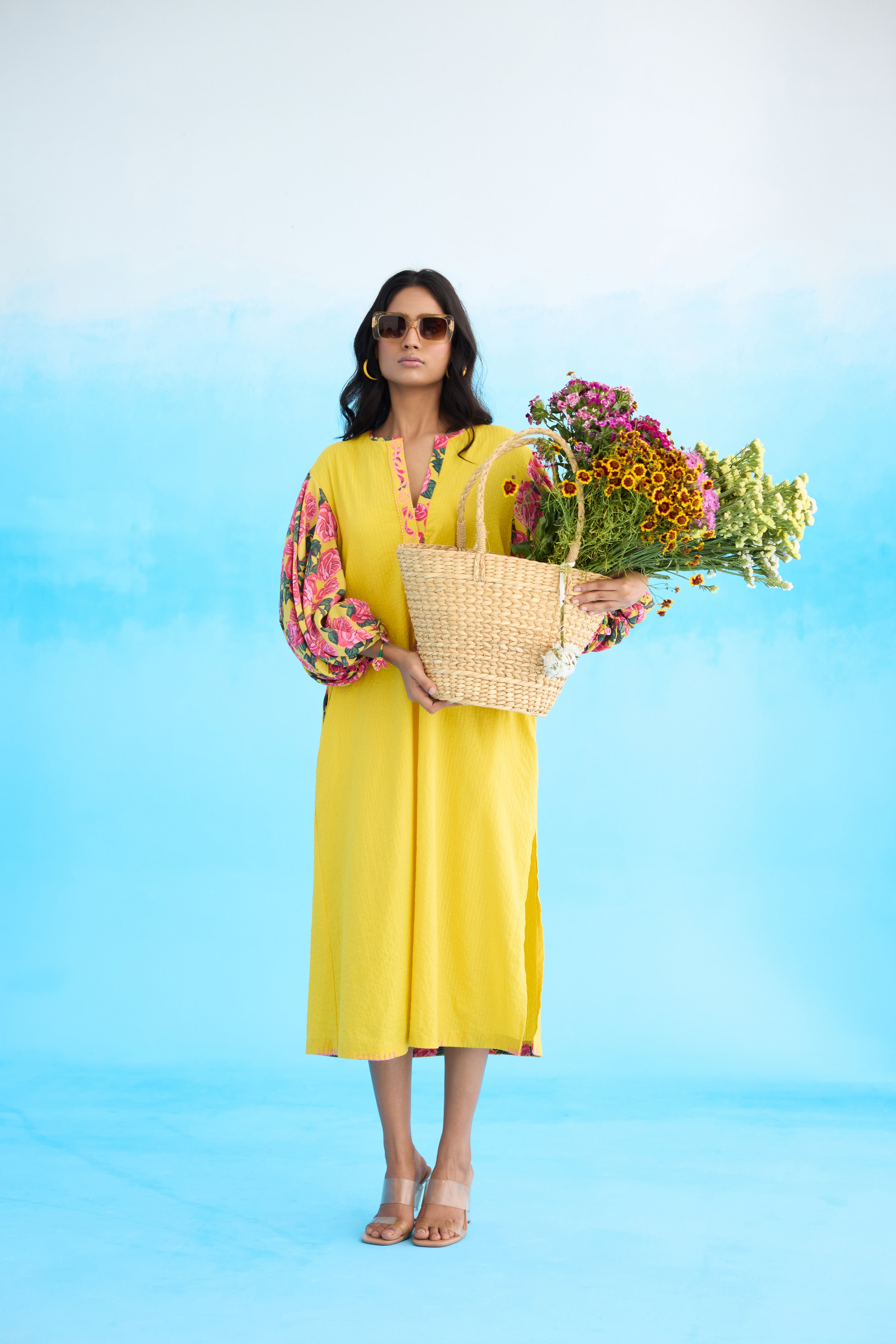 Yellow A-line flower tassels dress