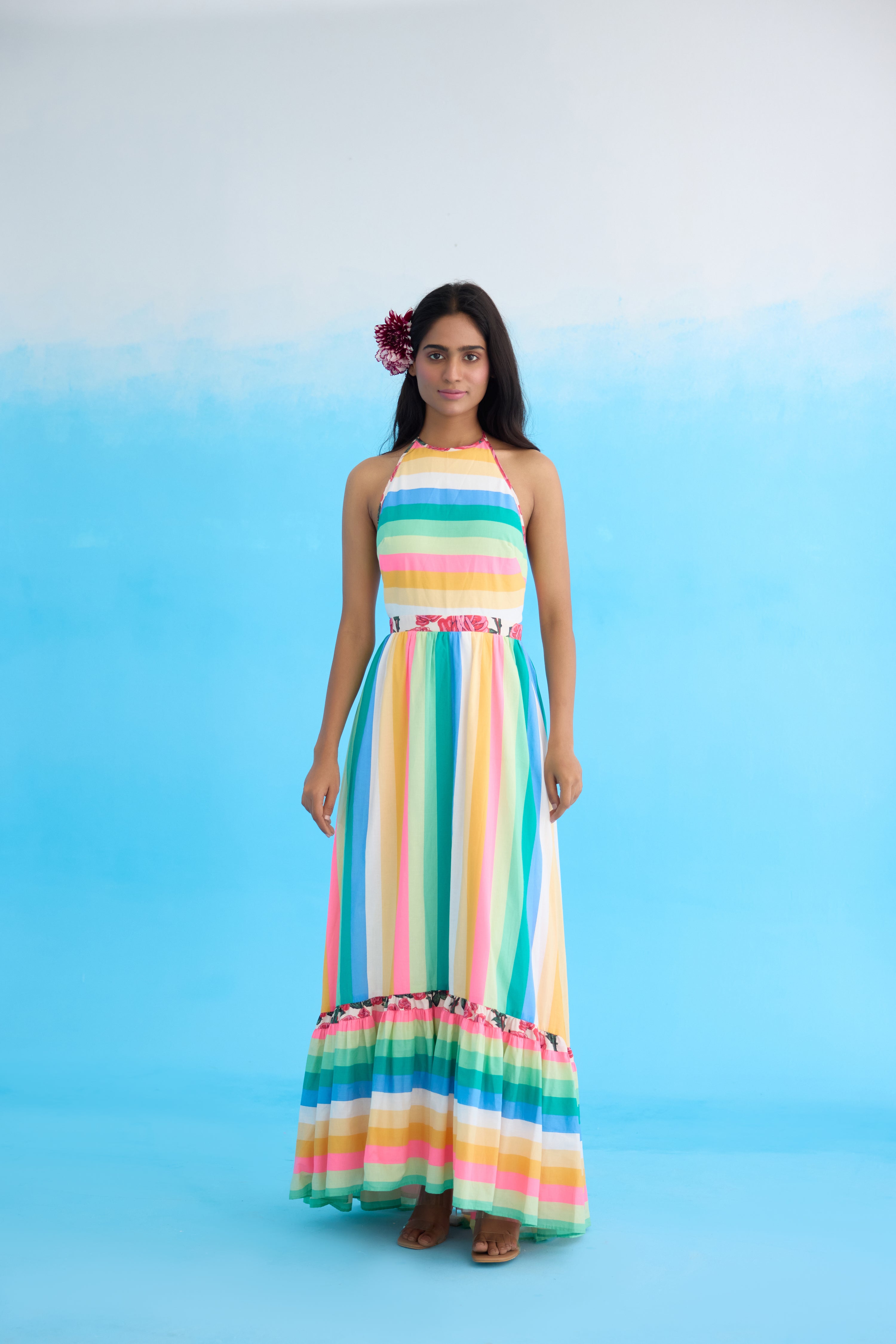 Rainbow stripes halter maxi dress