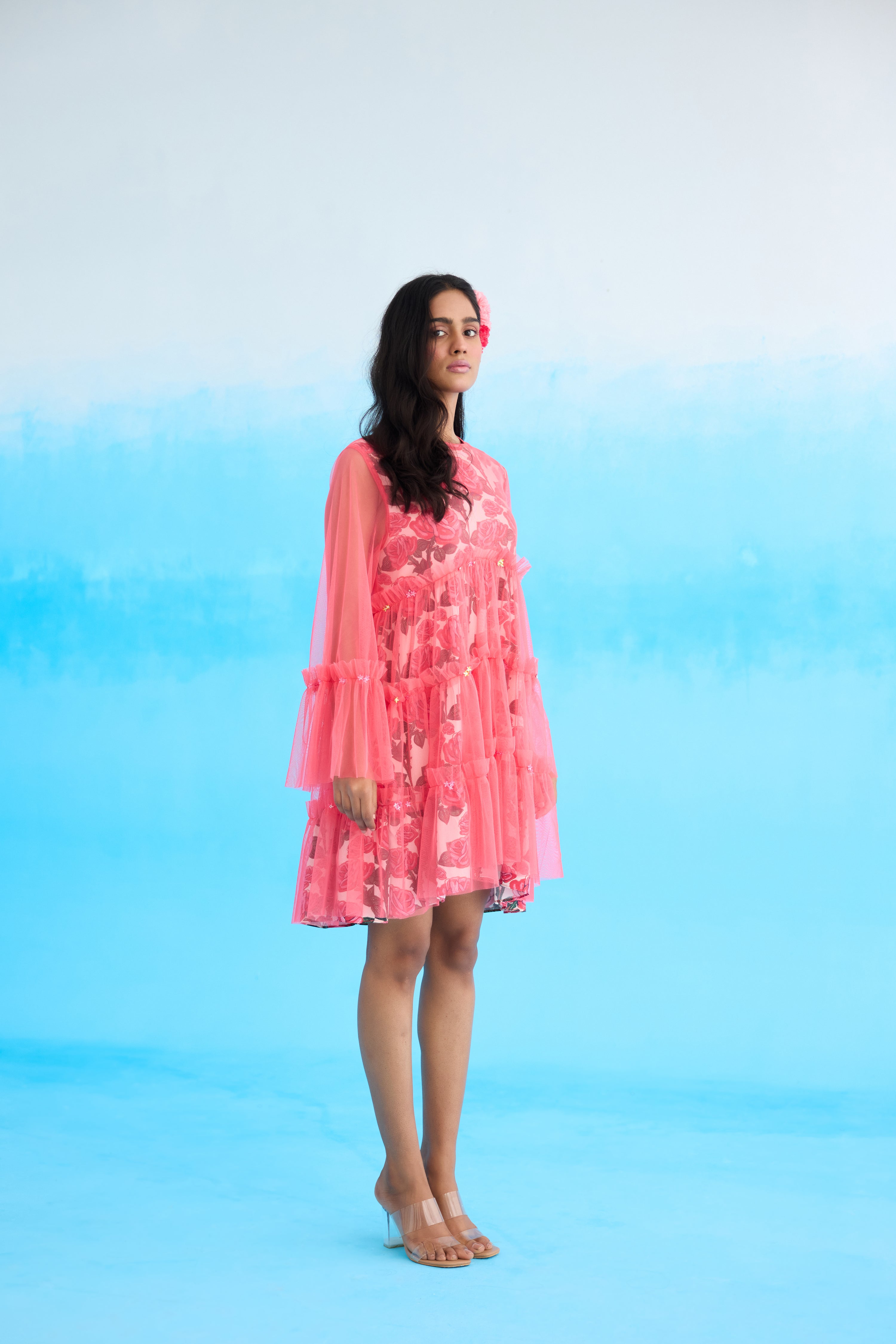 Mithai pink rose printed mini tier dress