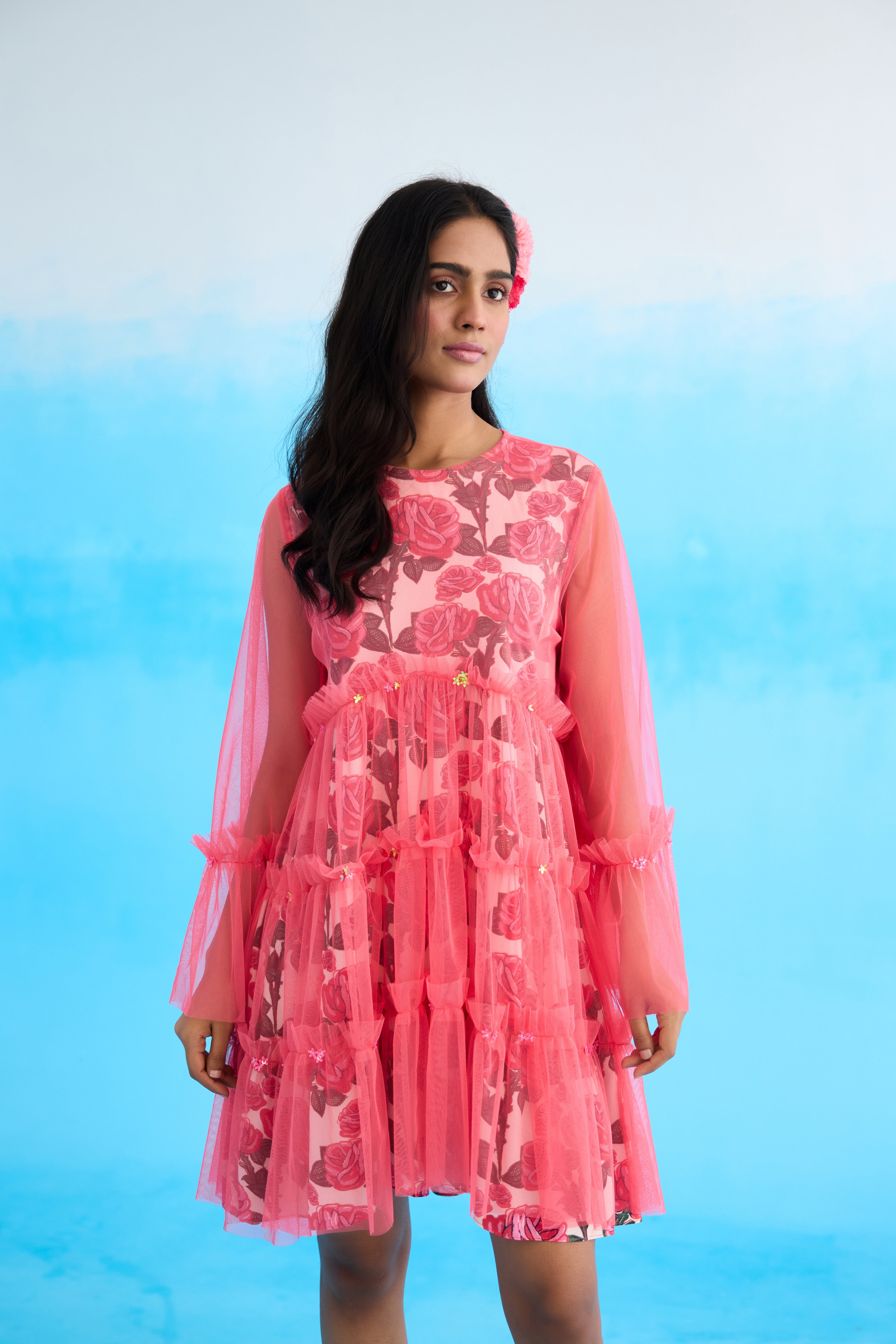 Mithai pink rose printed mini tier dress