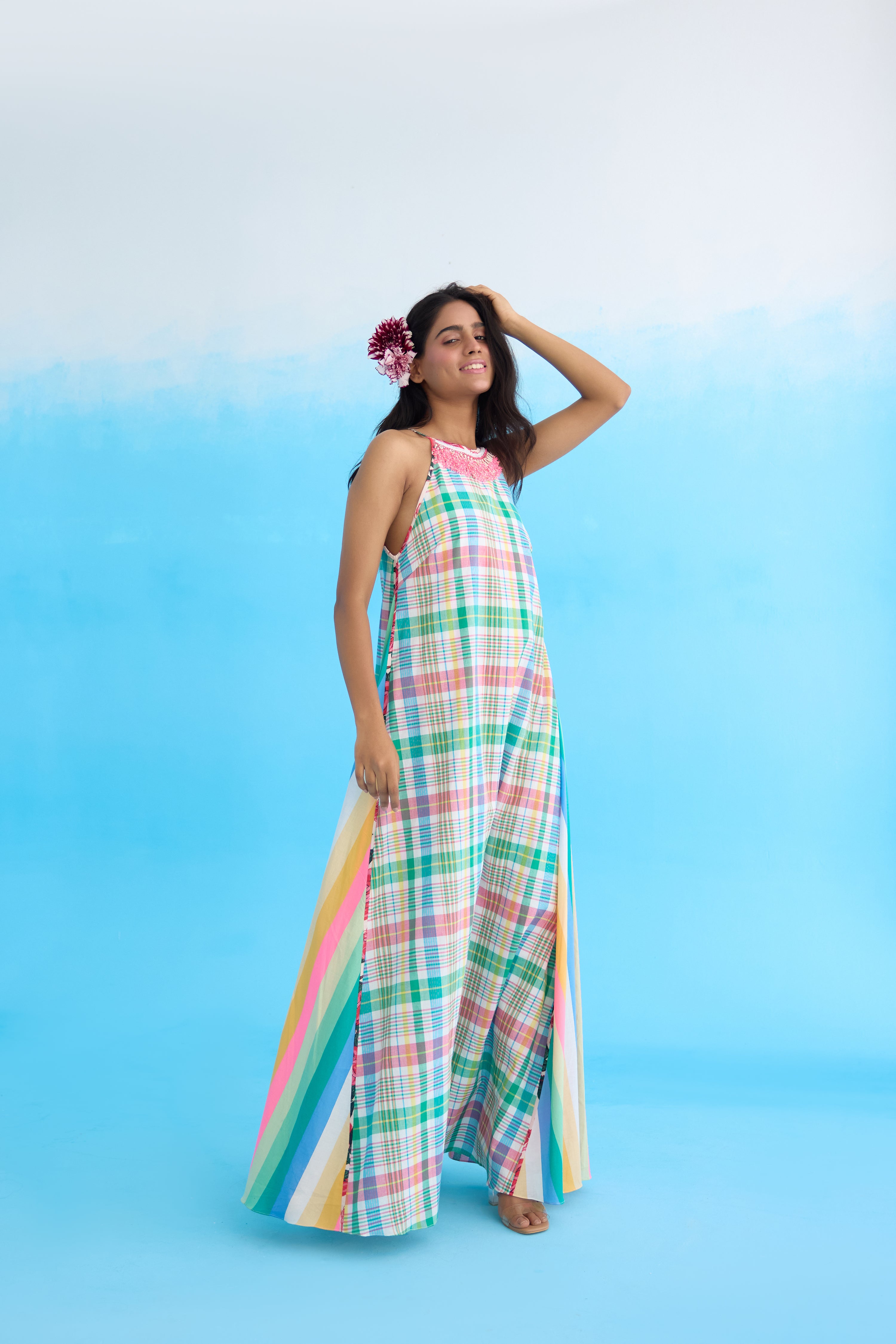 Blue madras checks maxi dress