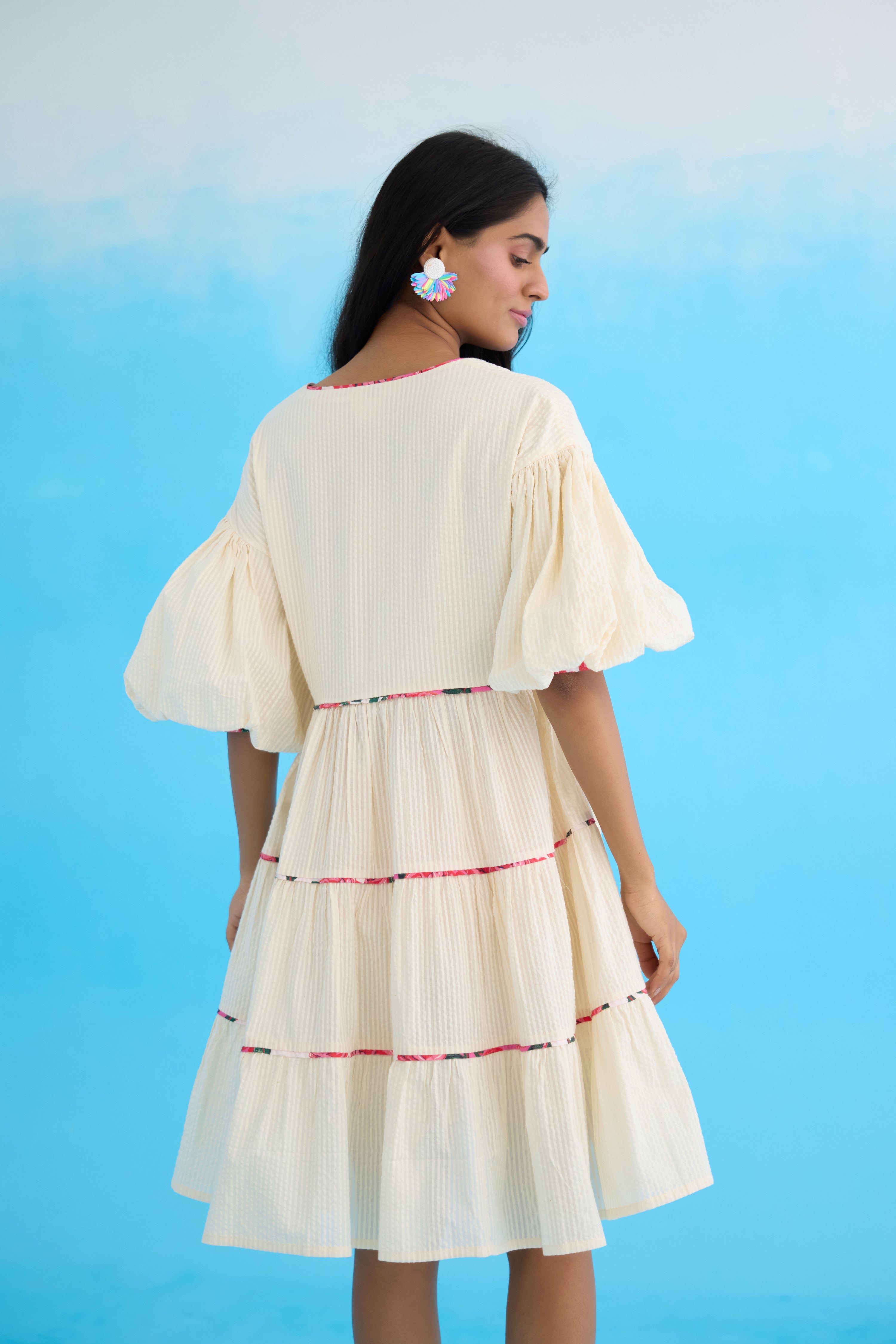 Cream bubble sleeves tier dress