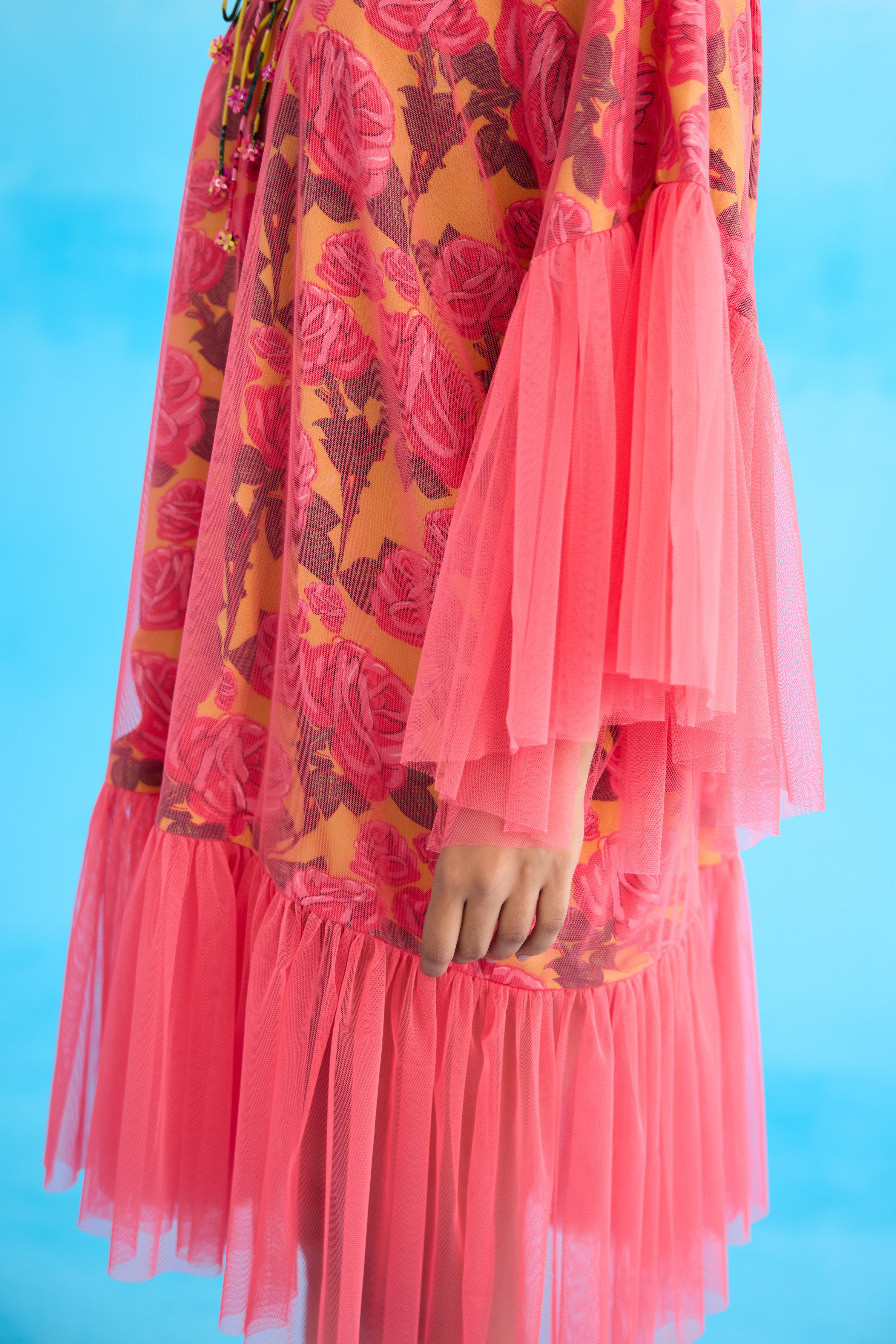 Mithai pink rose printed frill dress