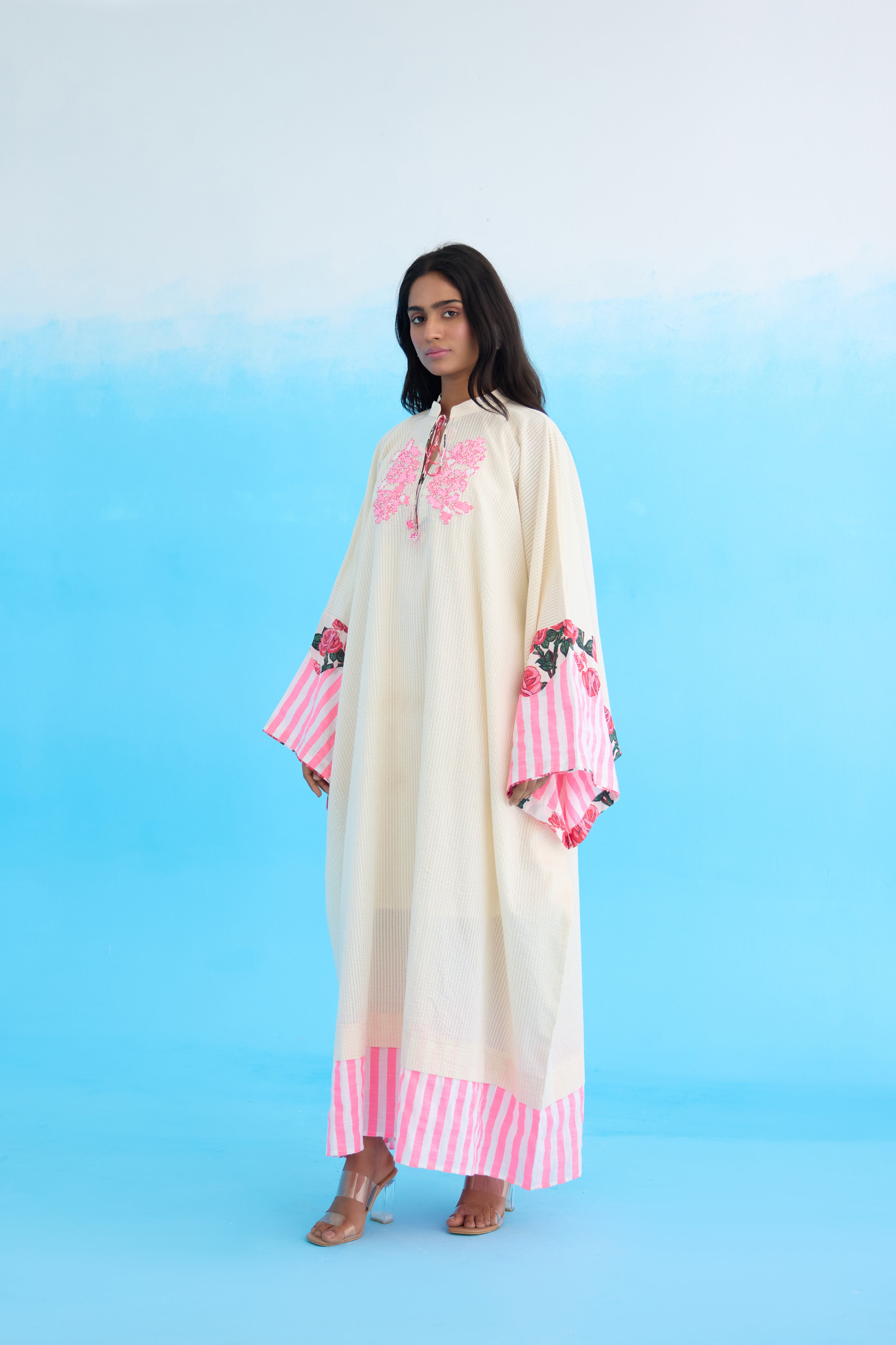 Cream crouching applique kaftan dress