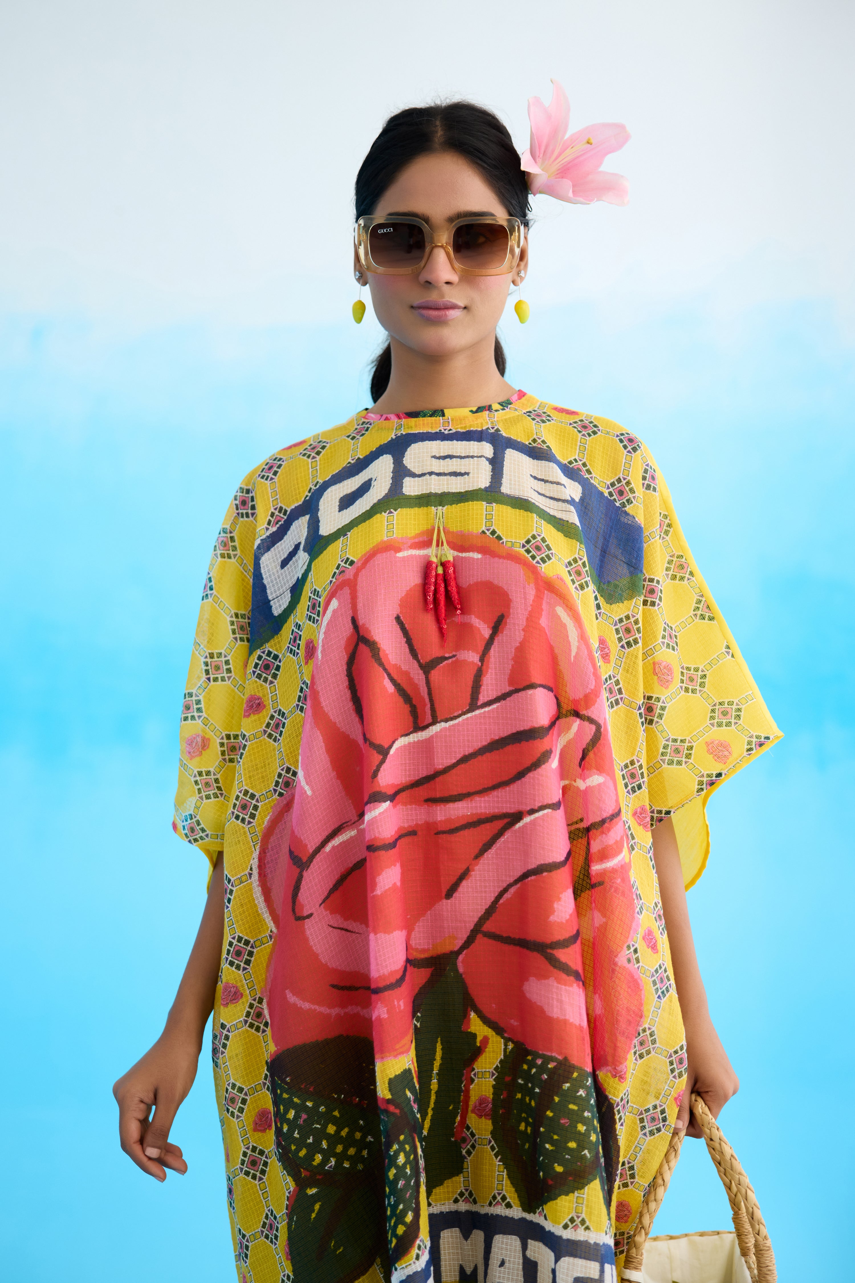 Yellow big rose short kaftan