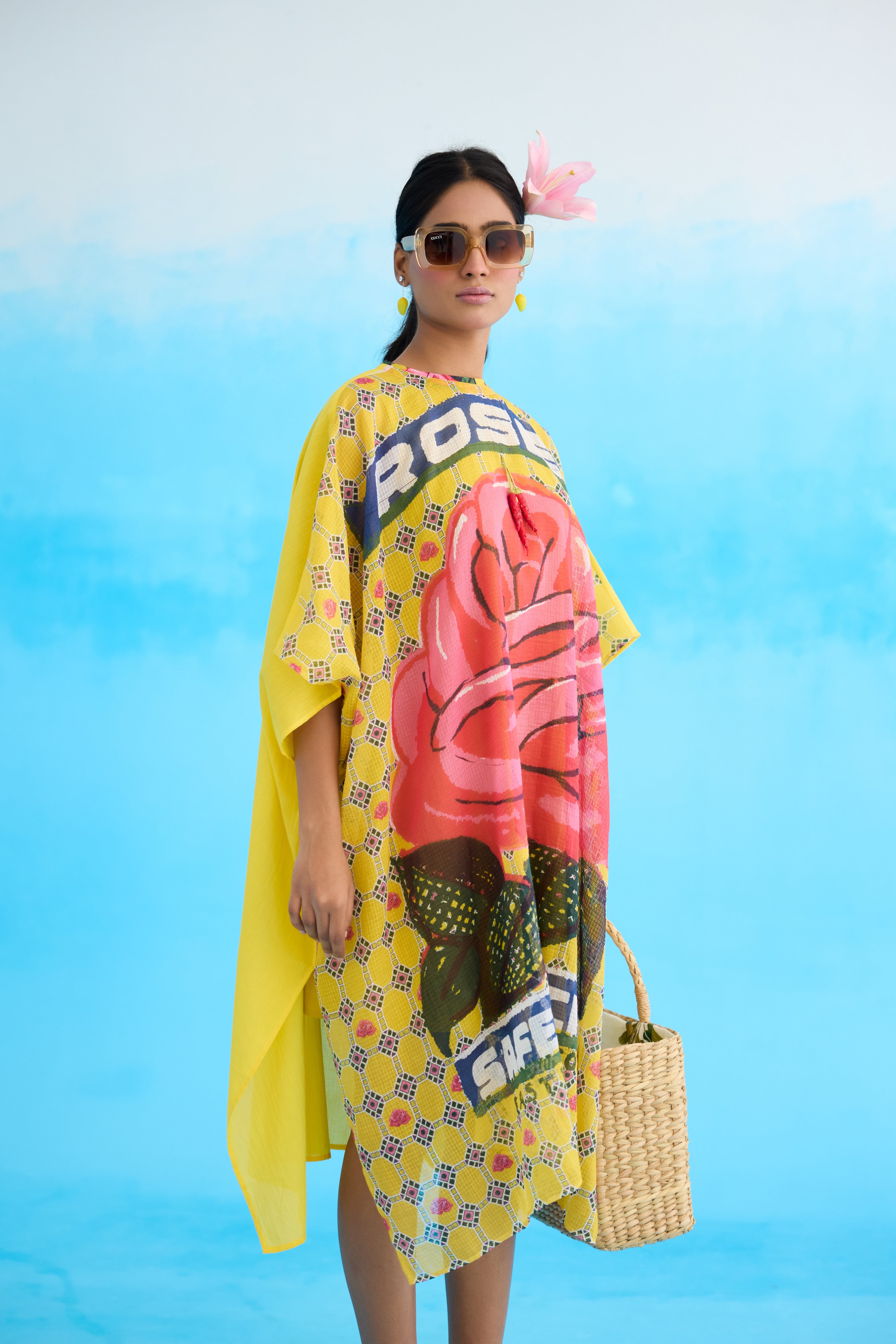 Yellow big rose short kaftan