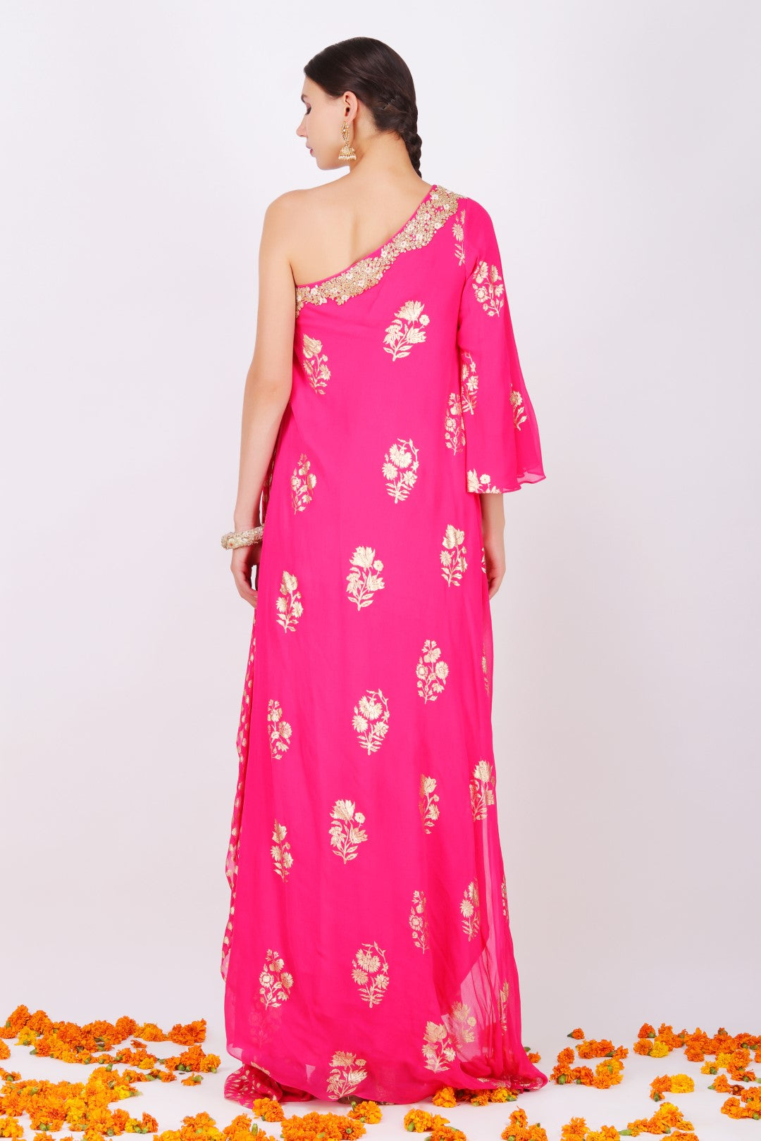 Rani pink georgette jaipuri guldasta foil printed one off shoulder with foil printed crepe cowl skirt