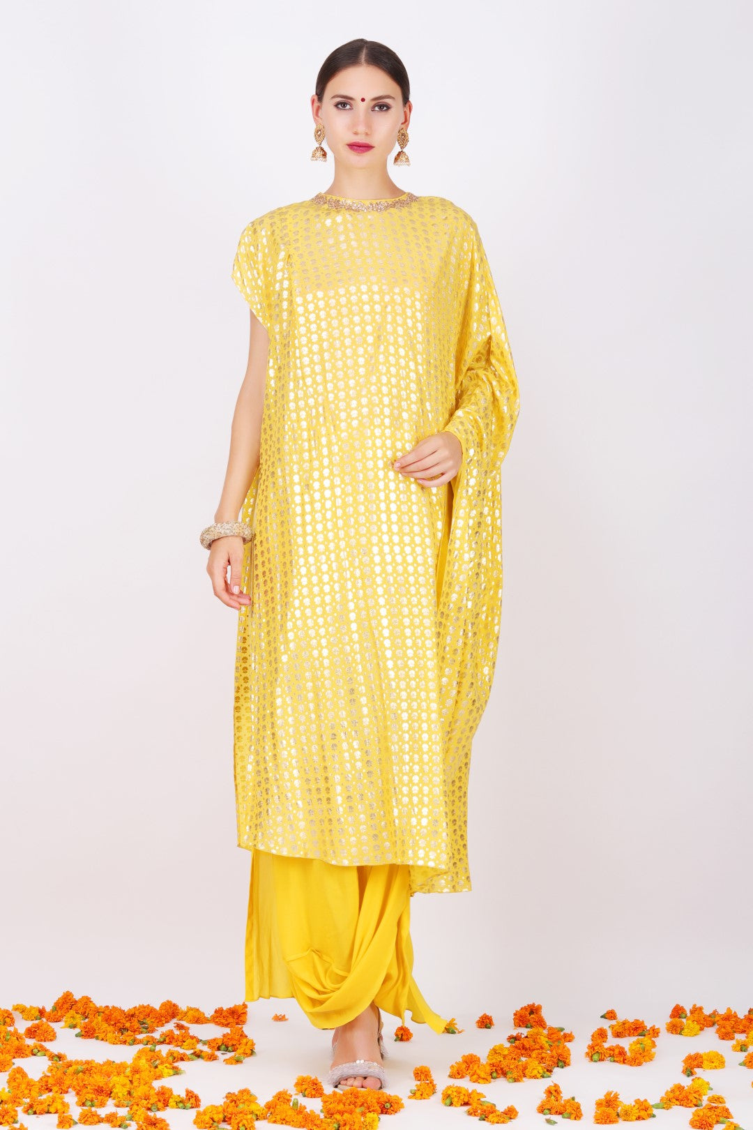 Pitambari yellow crepe foil printed kaftan tunic  with crepe cowl skirt.