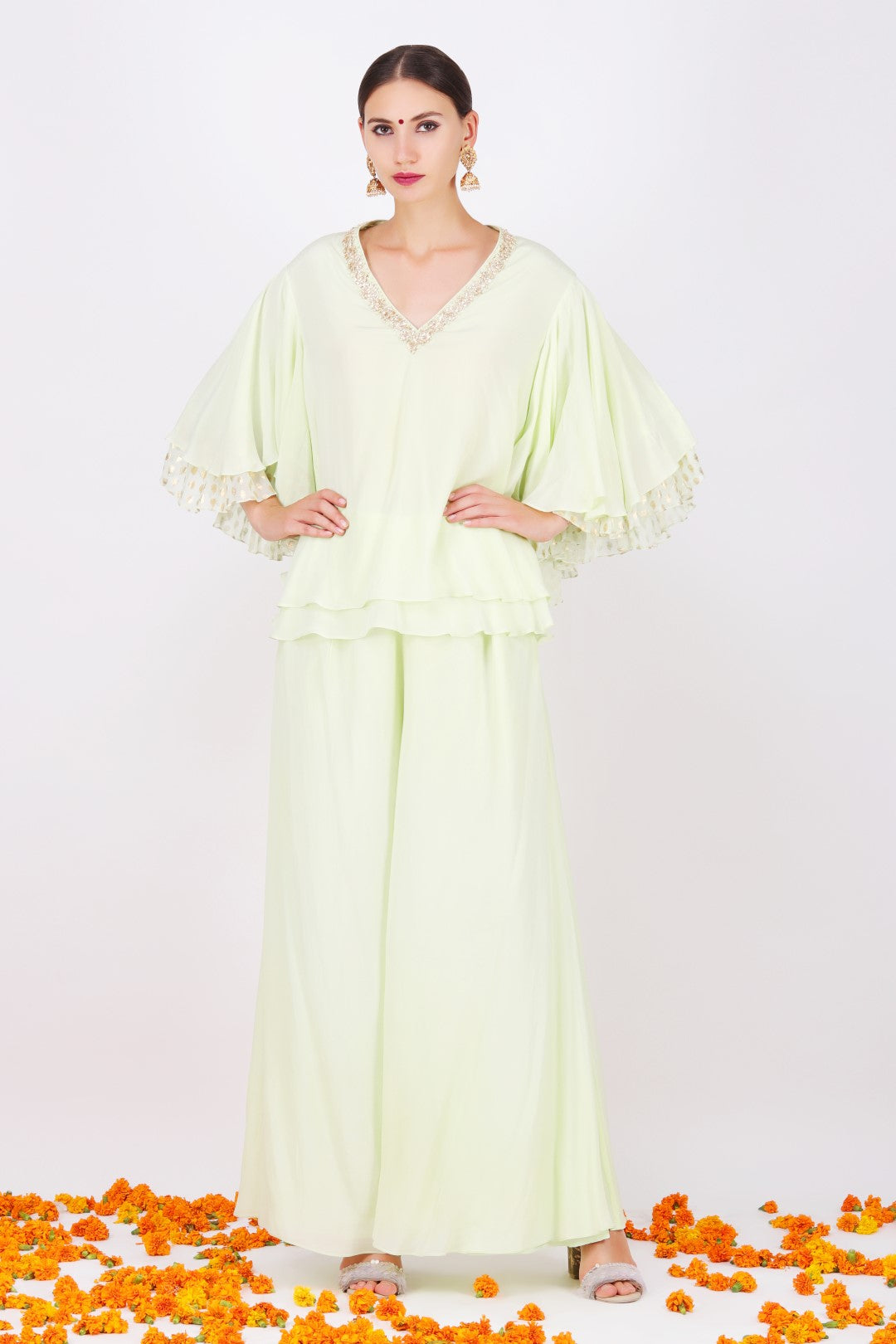Pista crepe flaired top with crepe wide leg pants.
