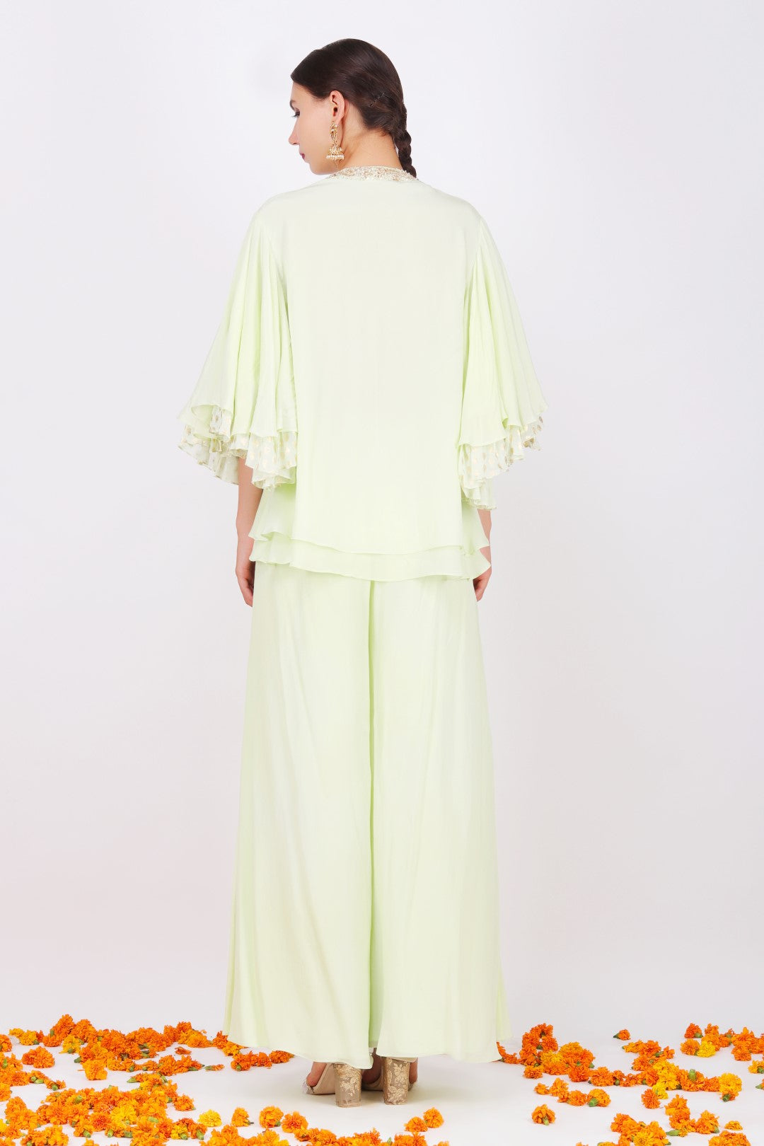 Pista crepe flaired top with crepe wide leg pants.