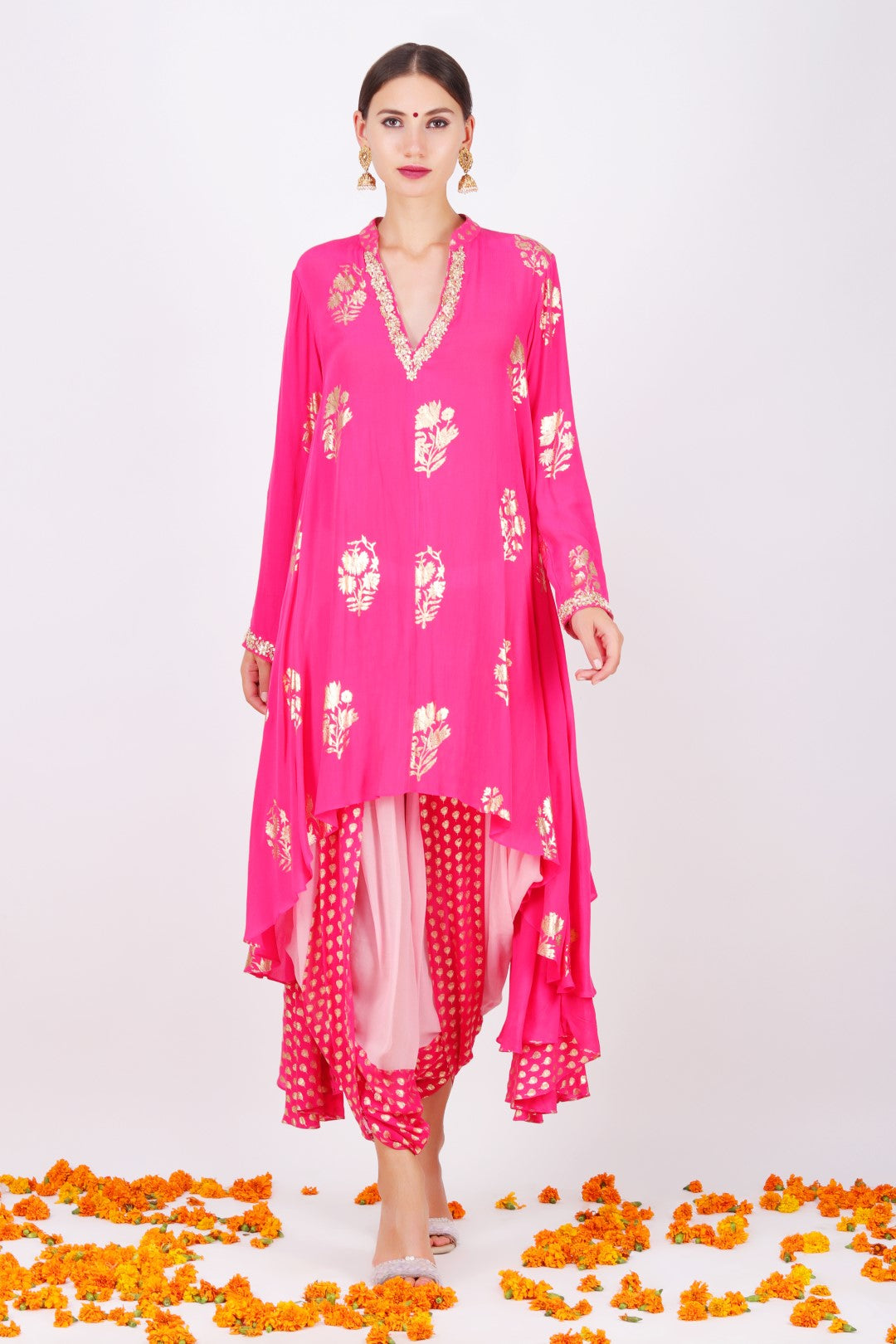 Rani pink crepe jaipuri guldasta foil printed asymmetrical tunic with rose pink georgette cowl dhoti .