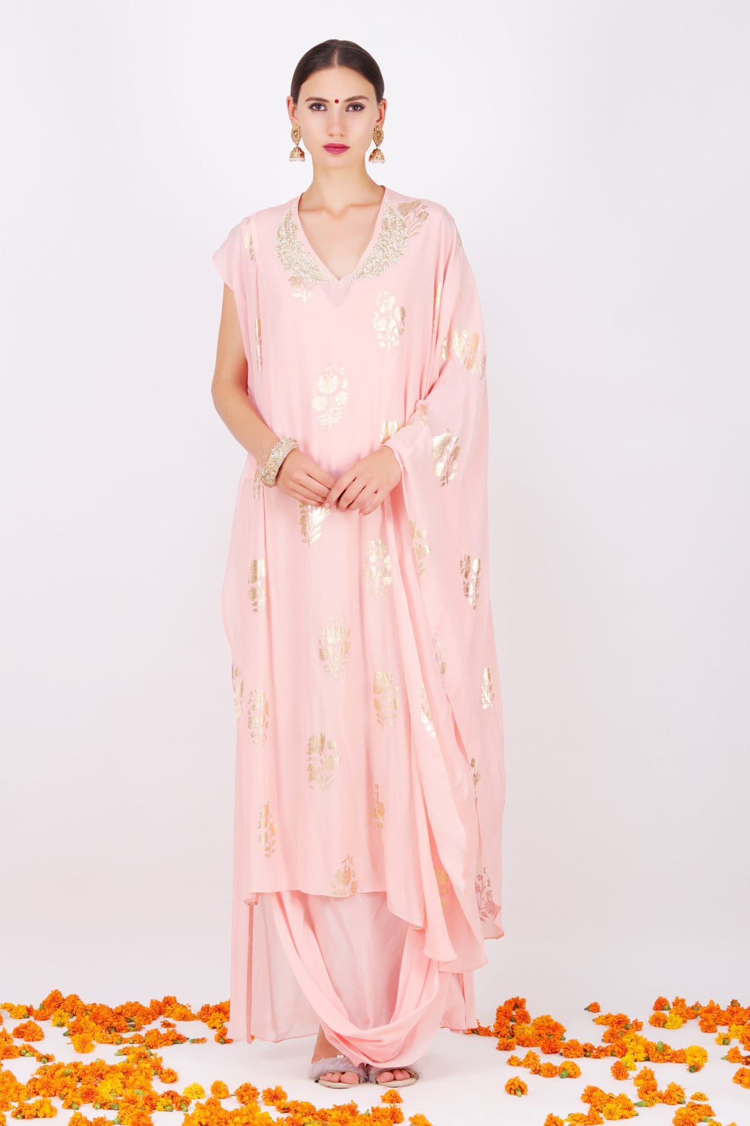 Rose pink crepe foil printed raised neckline one shoulder kaftan tunic with Rose pink crepe cowl skirt.