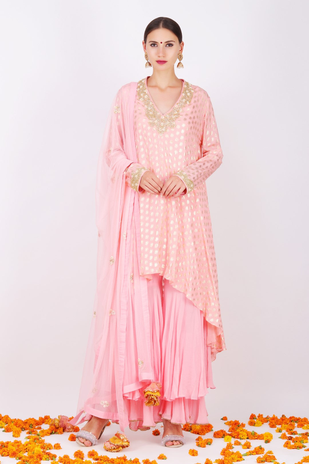 Rose pink crepe lotus foil printed Asymmetrical kurta with georgette double layer sharara and rose pink net embroidered dupatta