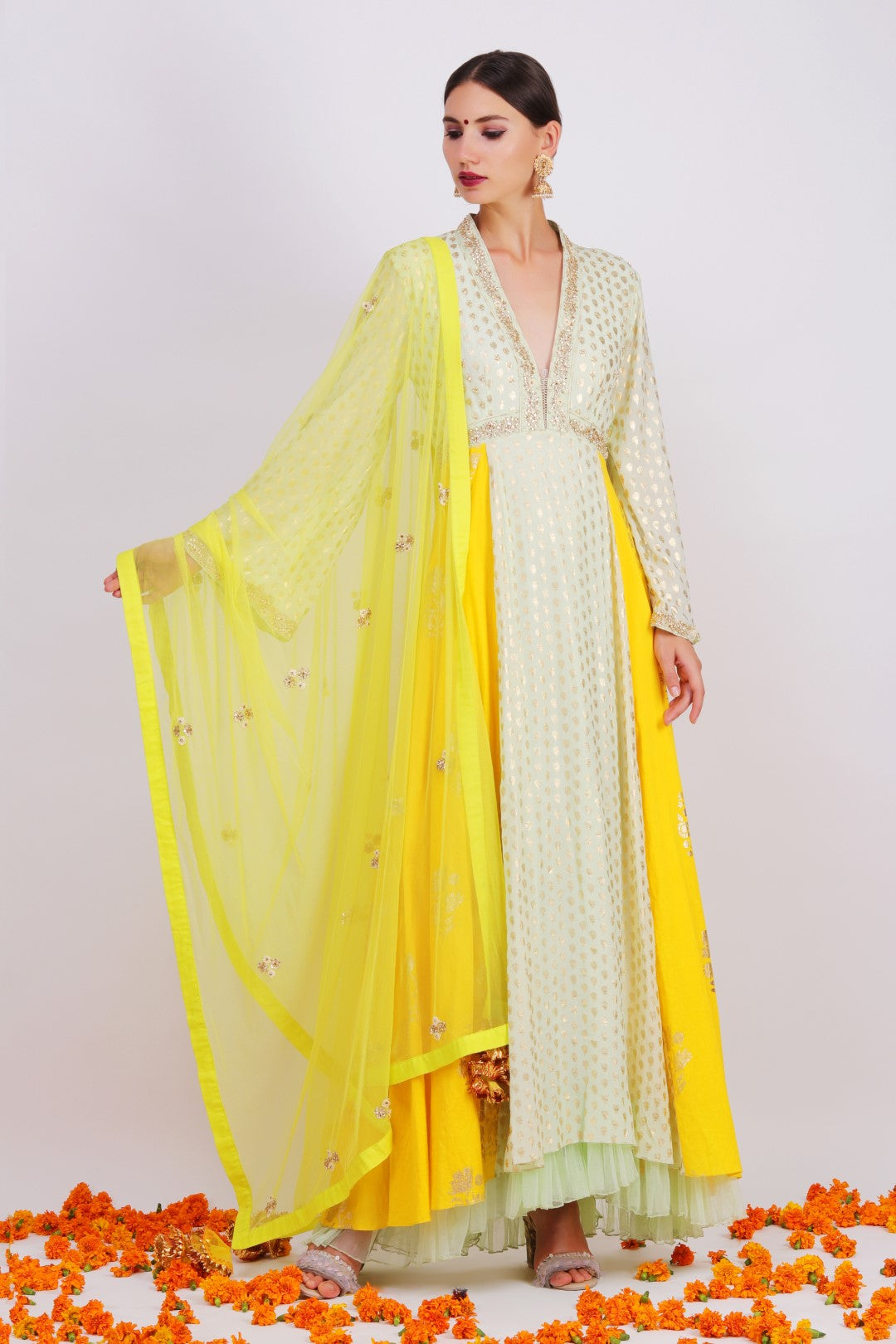 Pista jasmine bud foil  printed raised neckline kalidar with net embroidered dupatta and churidar.
