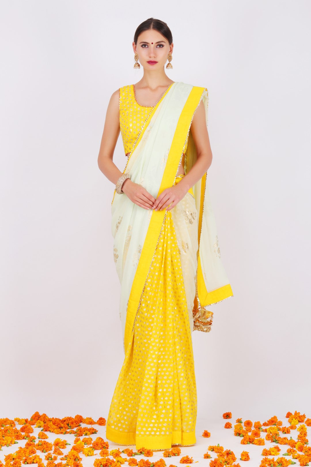 Pista georgette jaipuri guldasta foil printed palla sari with yellow jasmine bud foil printed tie up back blouse
