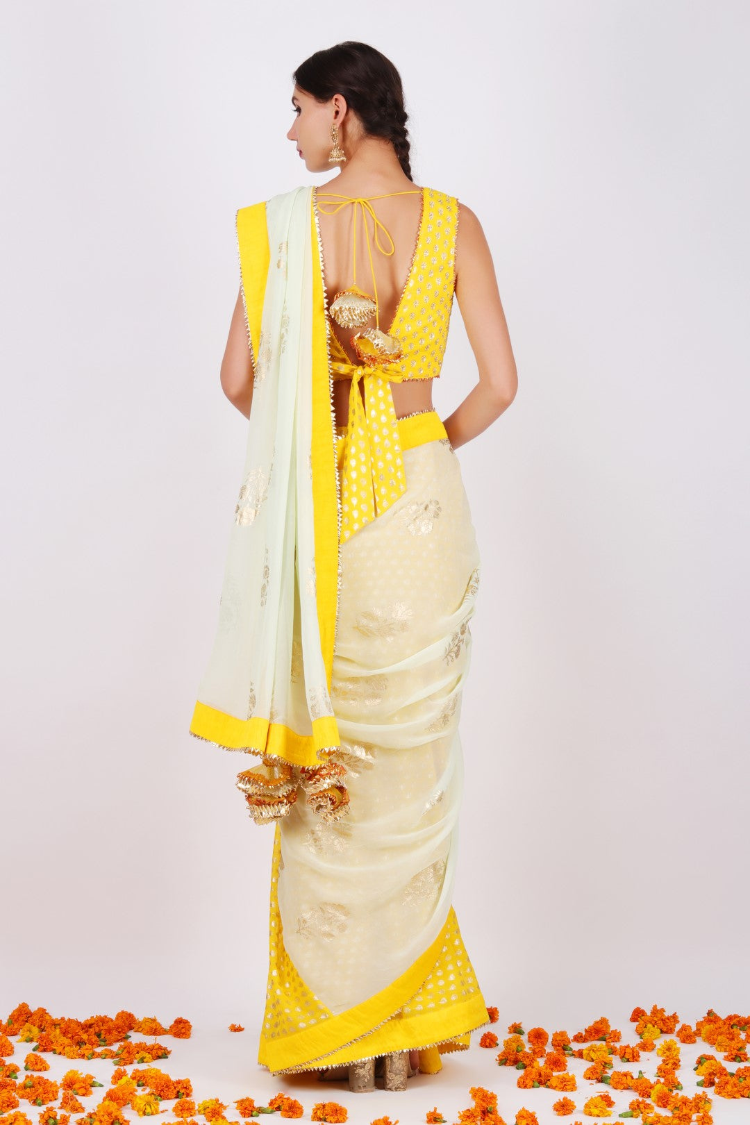 Pista georgette jaipuri guldasta foil printed palla sari with yellow jasmine bud foil printed tie up back blouse