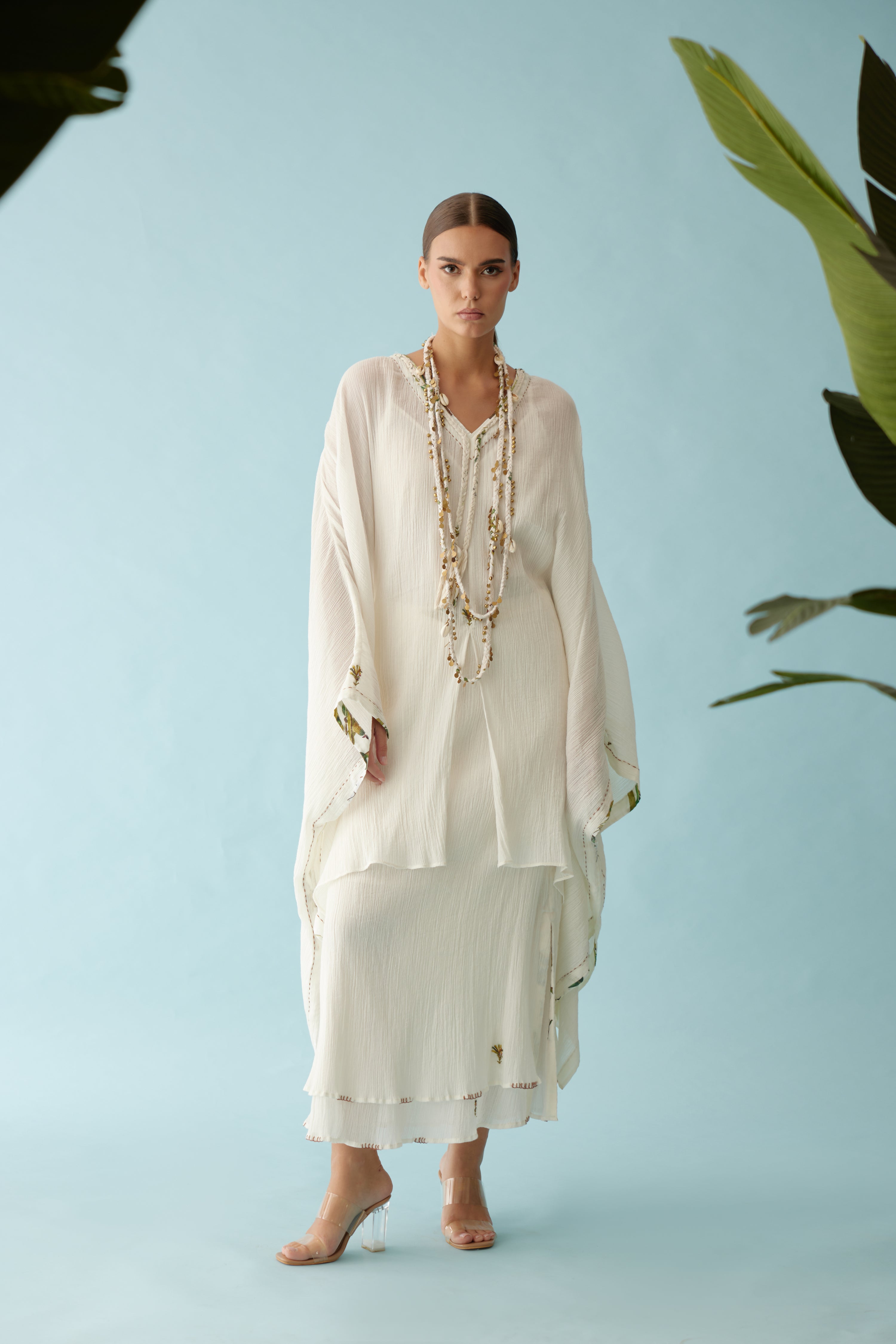 Off-white hand braided tassels and banana tree applique co-ord sets