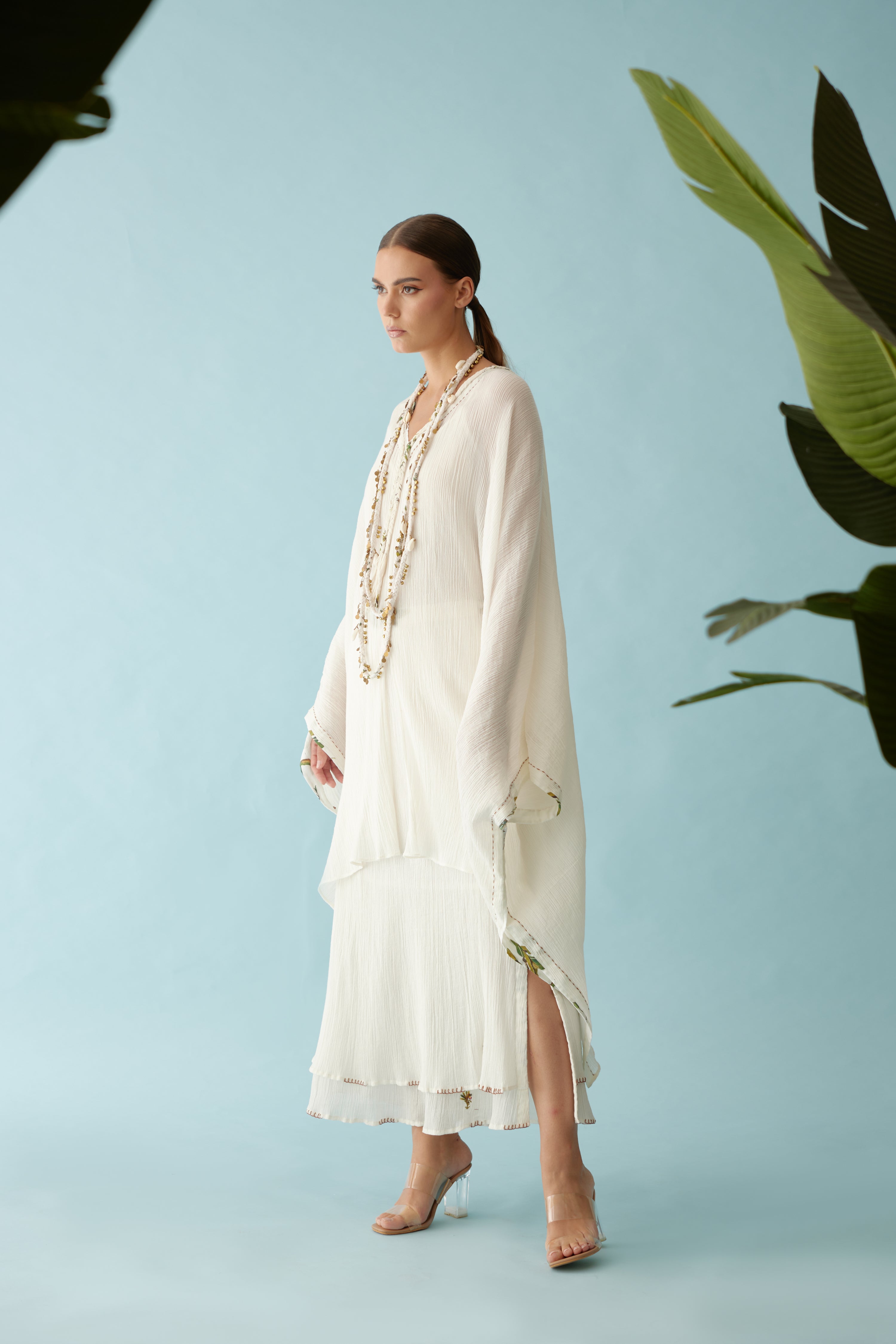 Off-white hand braided tassels and banana tree applique co-ord sets