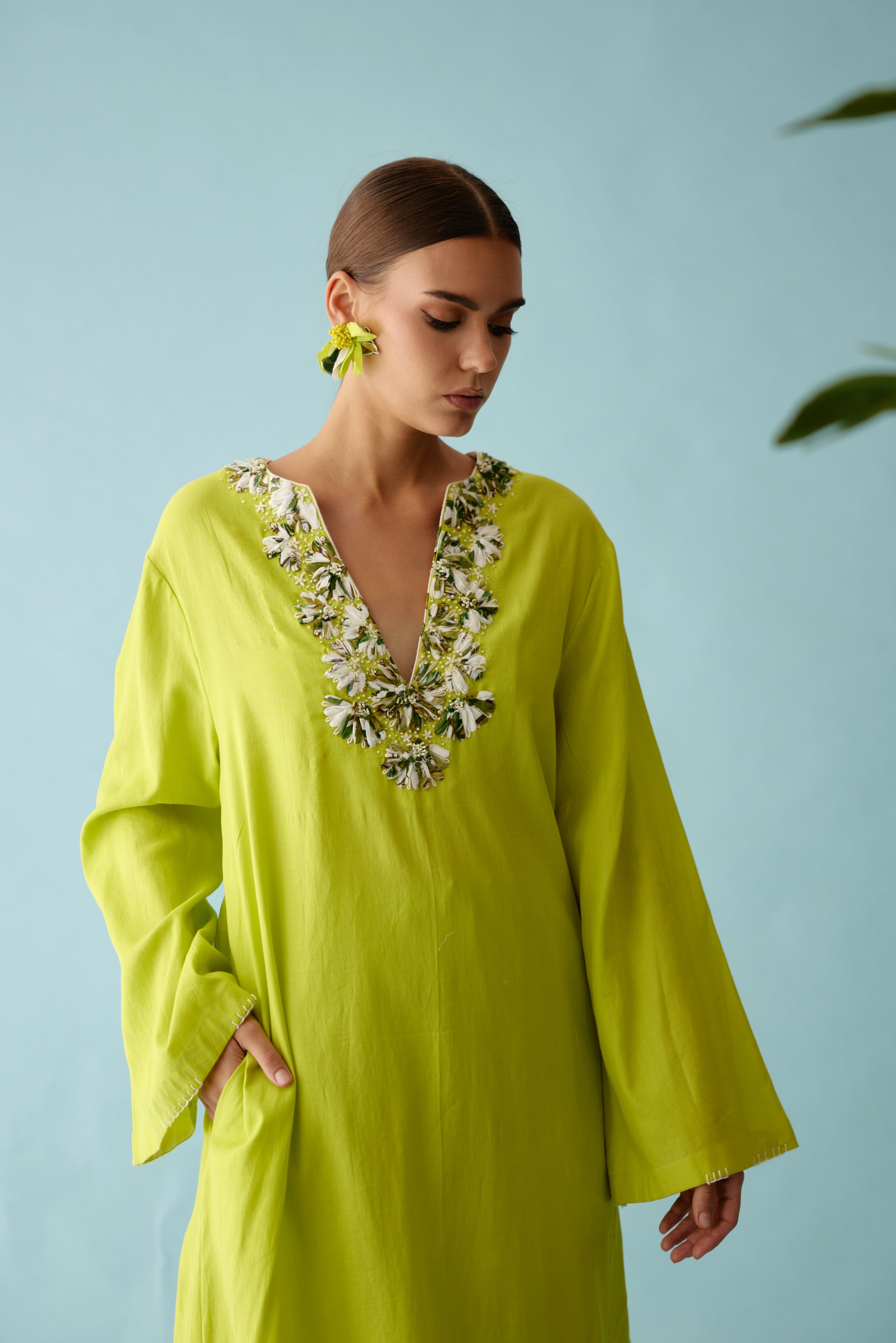 Lime green fabric ribbon embroidery flower co-ord sets