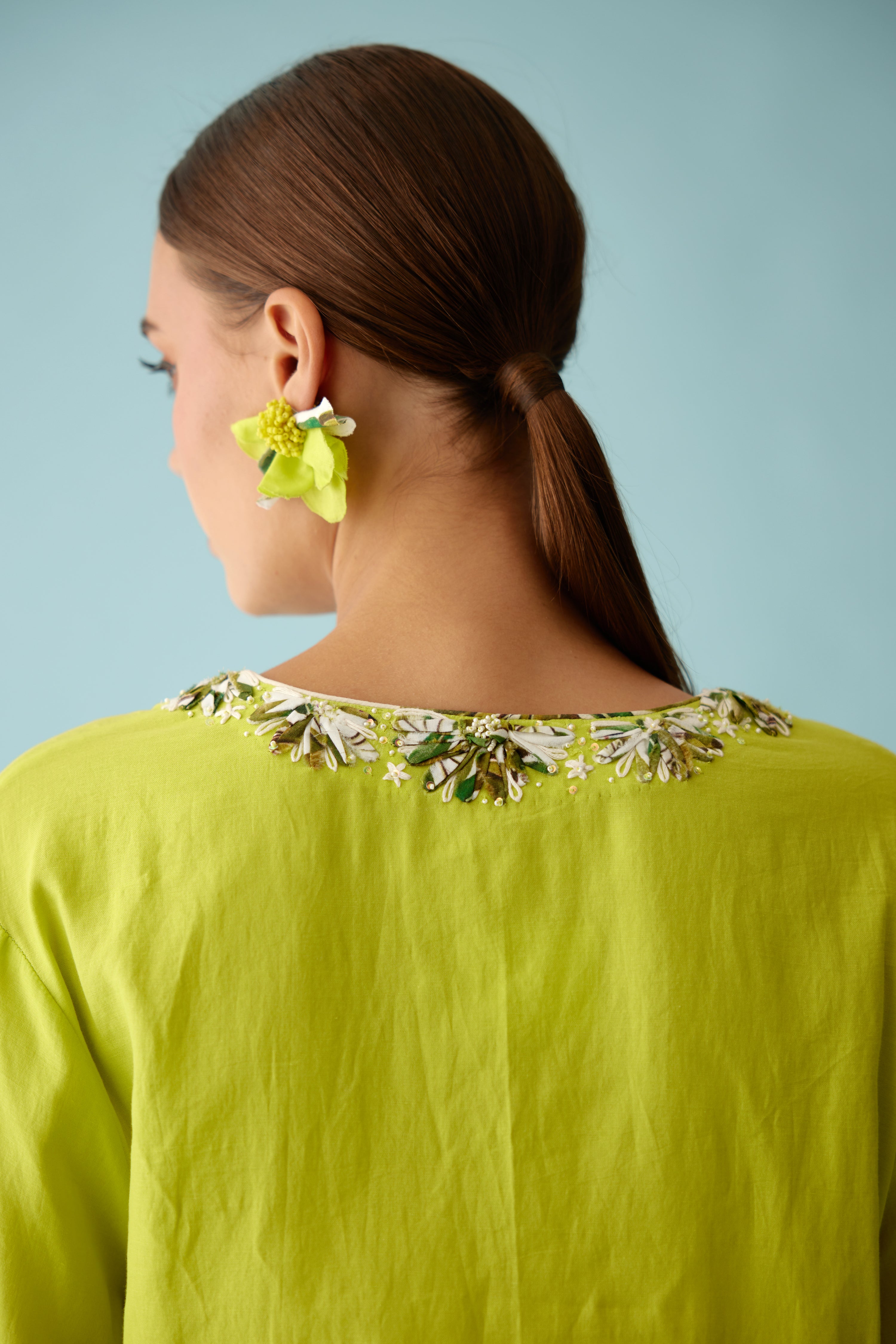 Lime green fabric ribbon embroidery flower co-ord sets