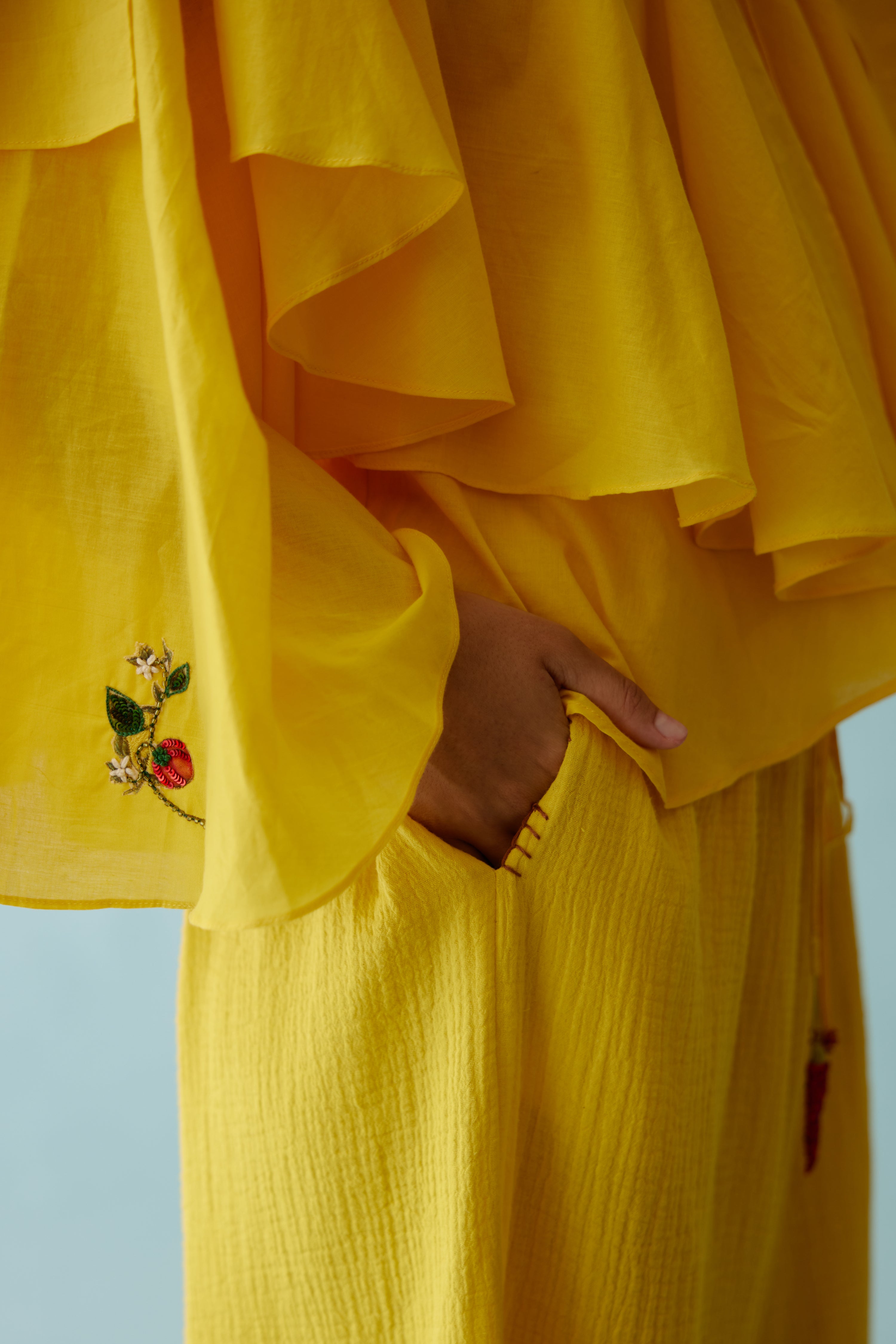 Yellow hand embroidered chillies applique co-ord sets