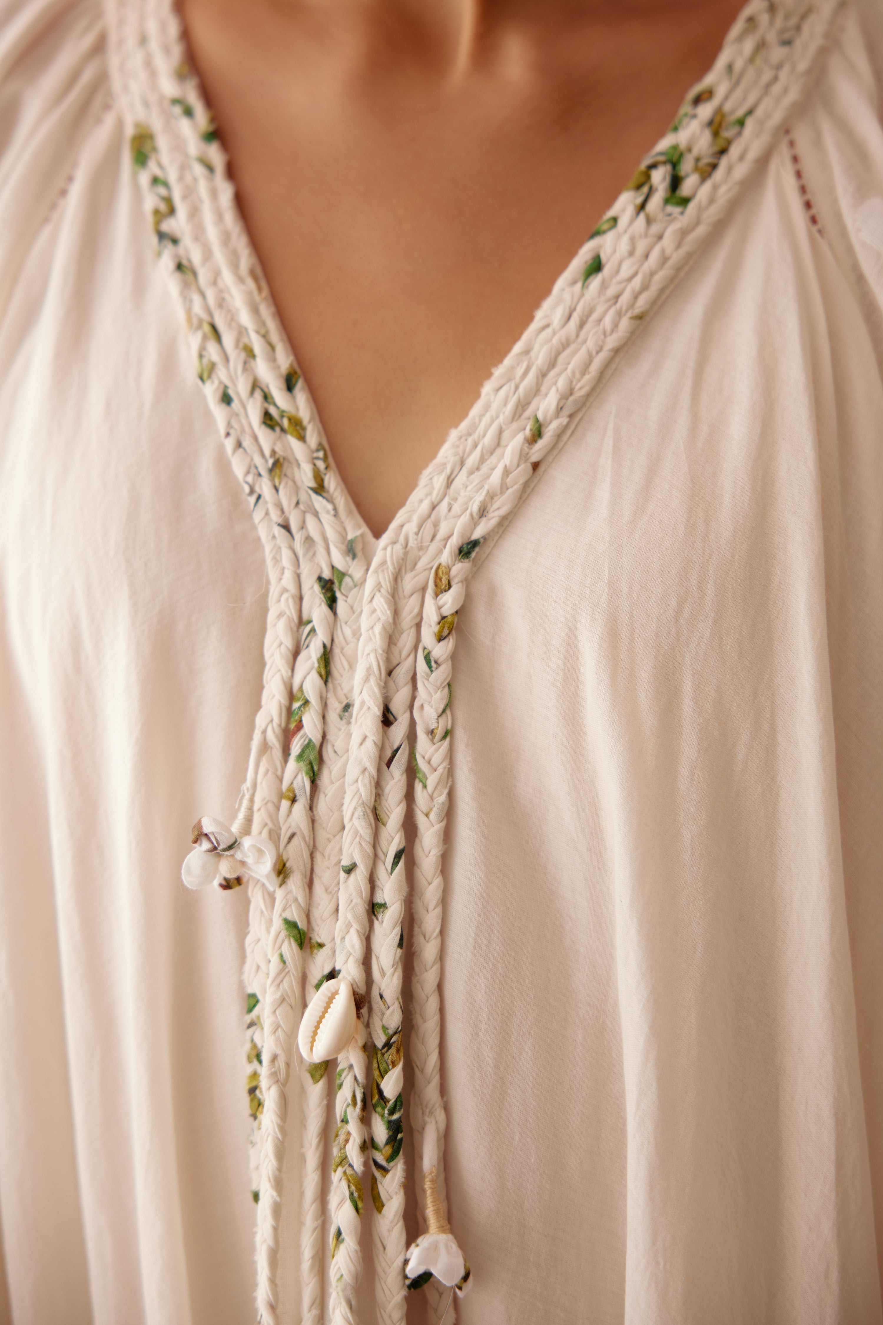 Cream handwoven jamdani cotton bubble sleeves maxi dress