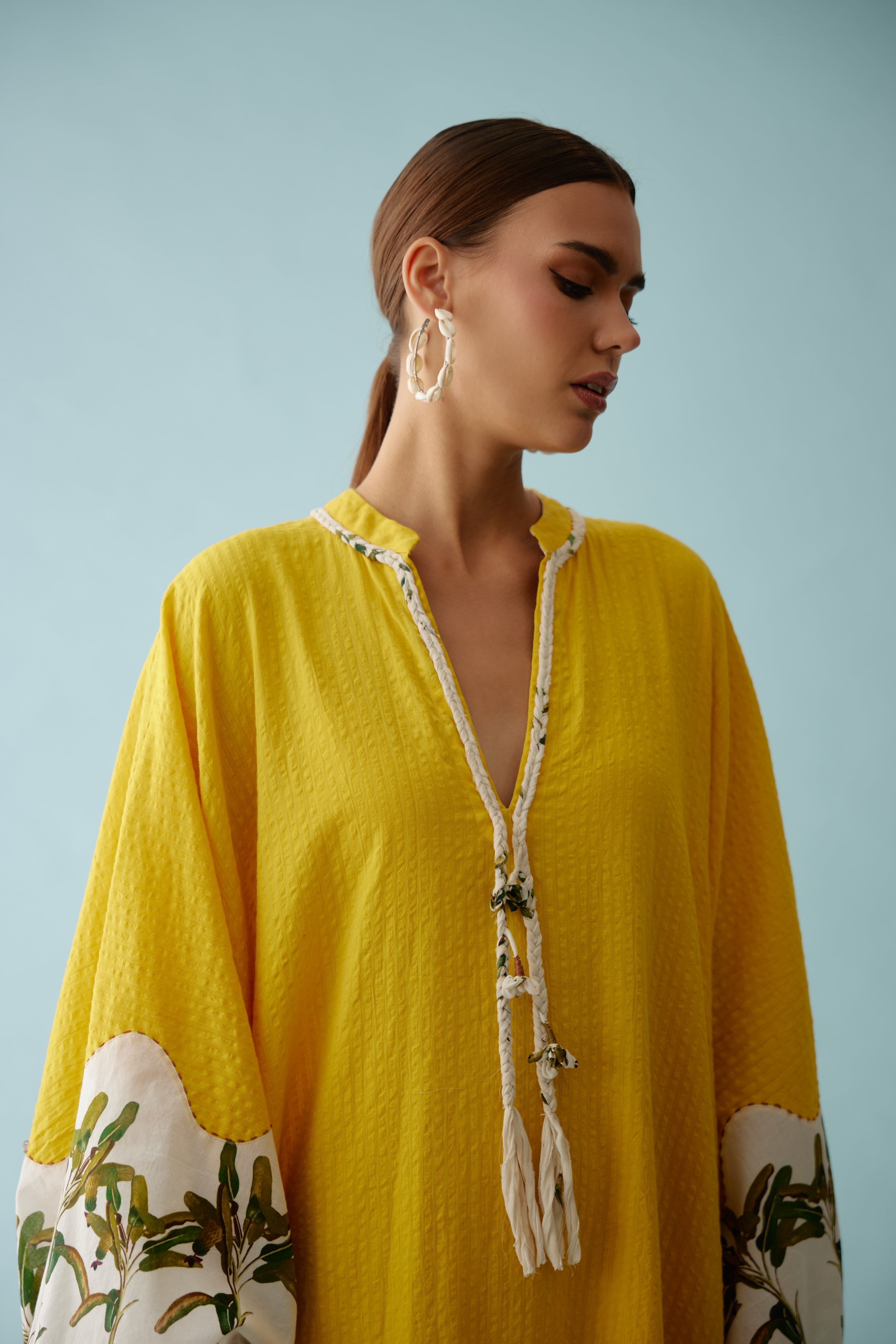 Yellow hand-braided tassels  kaftan dress