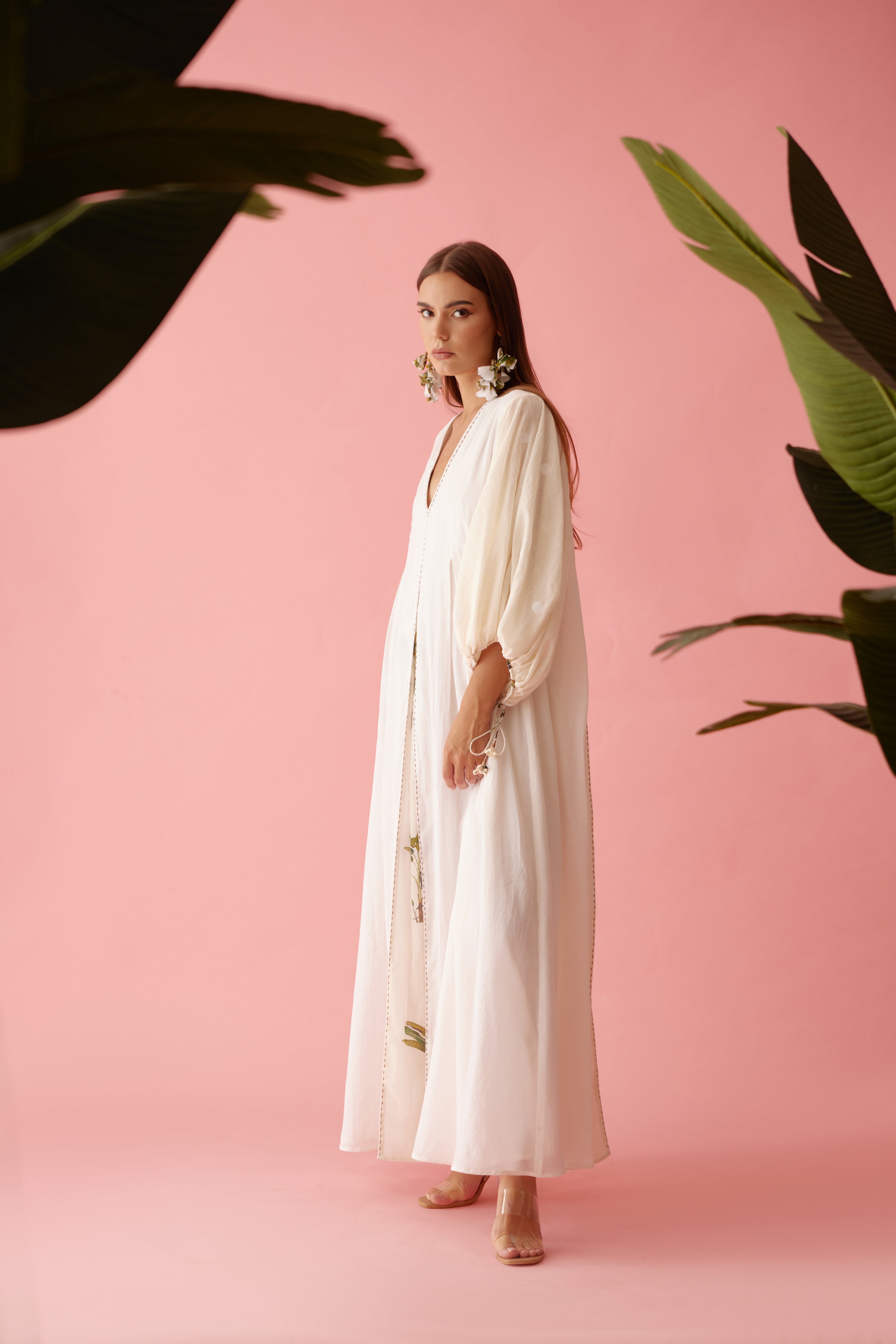 Cream handwoven jamdani bubble sleeves A-line maxi dress