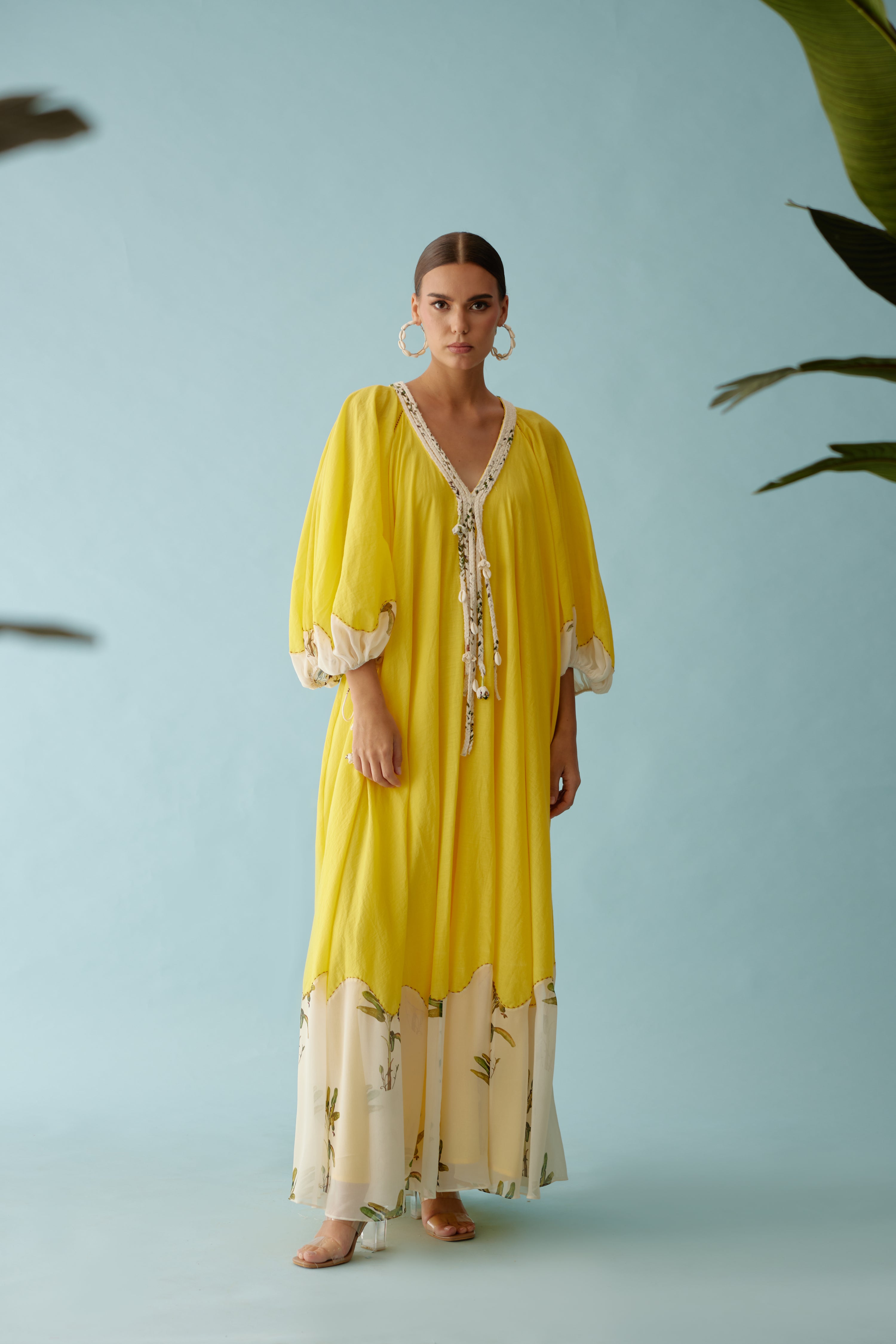 Yellow hand braided tassels maxi dress