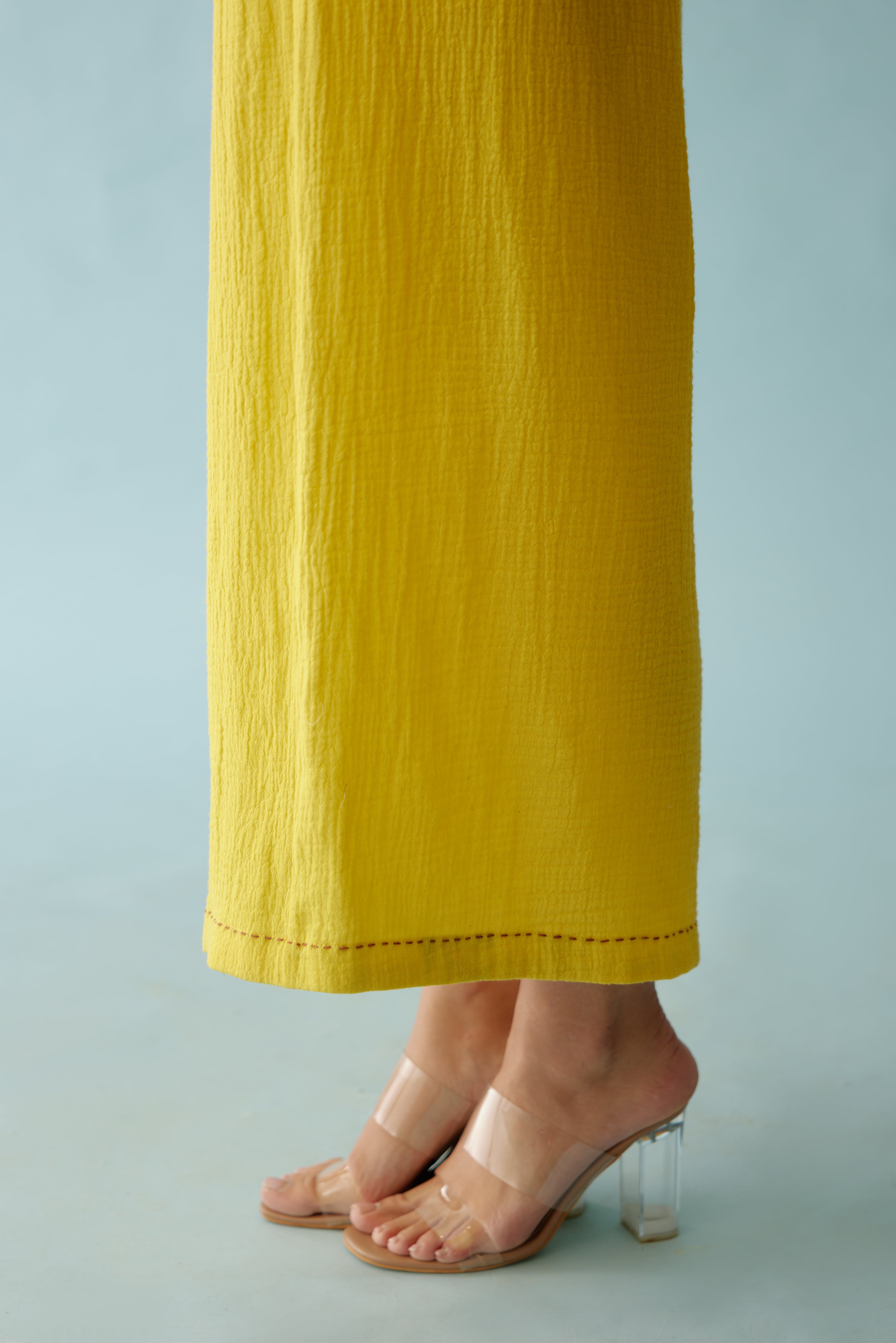Yellow hand embroidered chilli applique wide leg pants