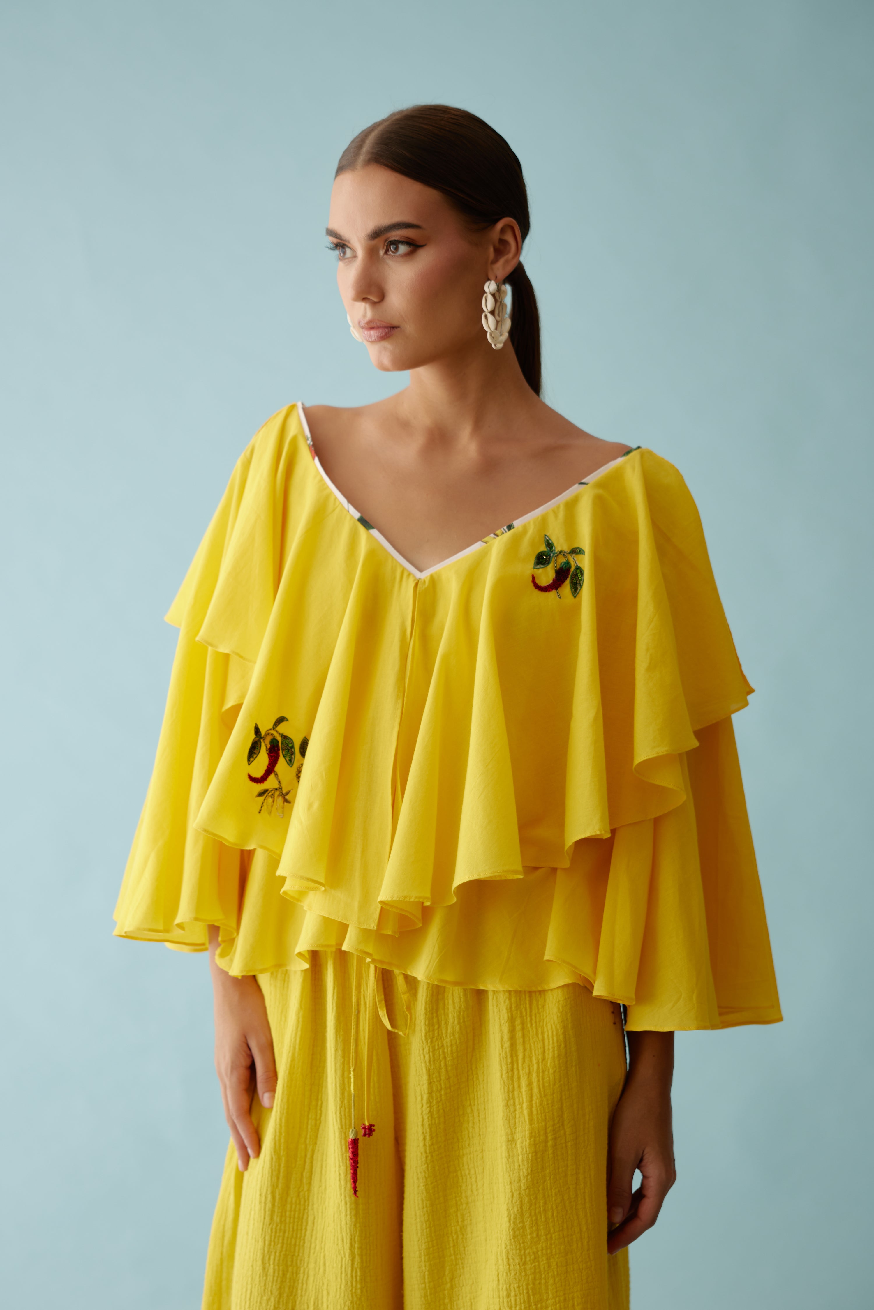 Yellow hand embroidered chilli applique frill top