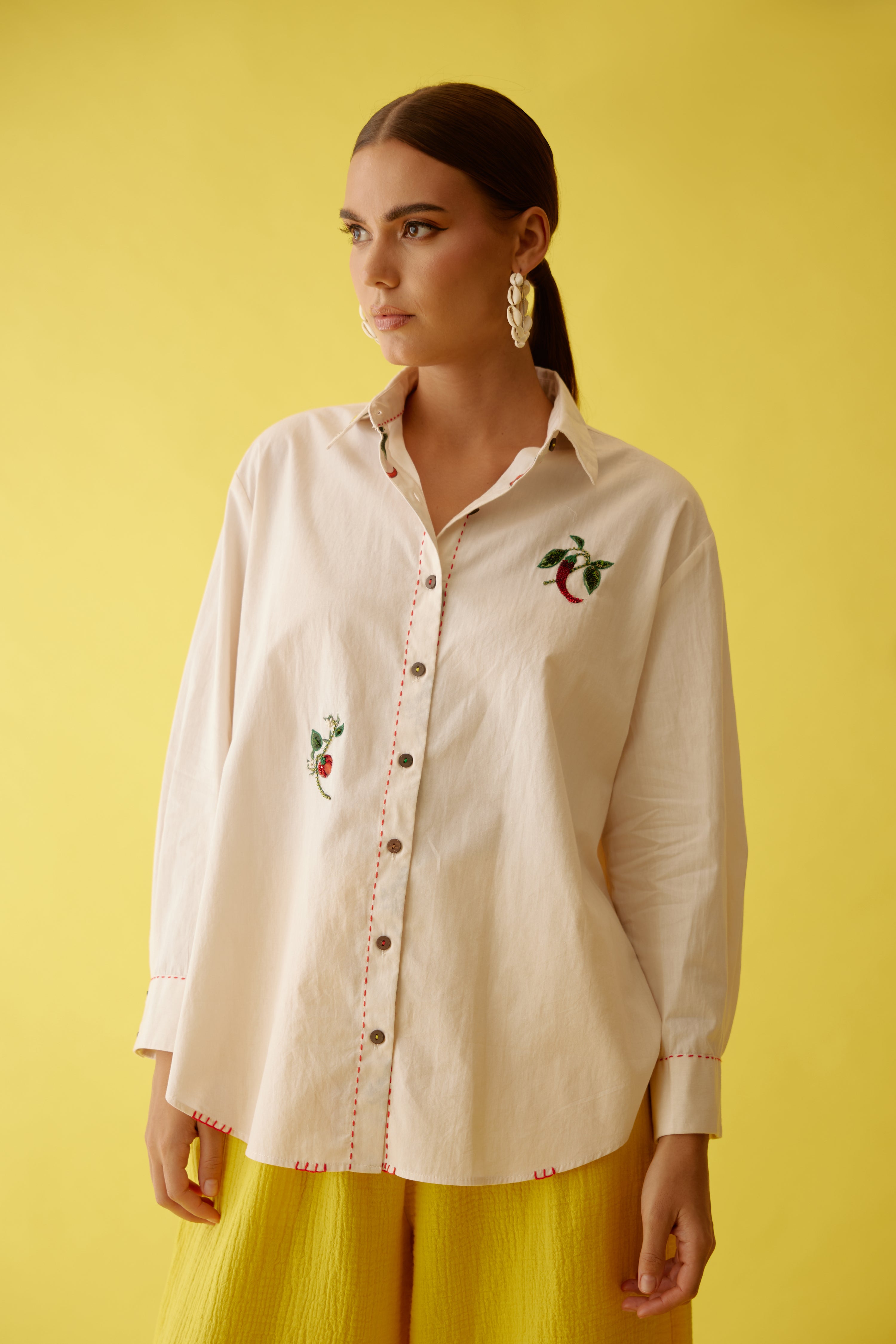 Cream hand embroidered chilli applique shirt