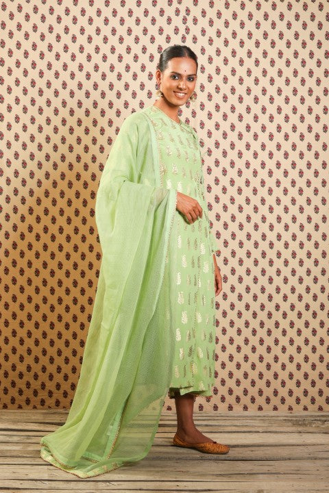 PISTA GREEN ANGRAKHA PAIRED WITH STRAIGHT PANTS AND HAND WOVEN KOTA DORIA DUPATTA.