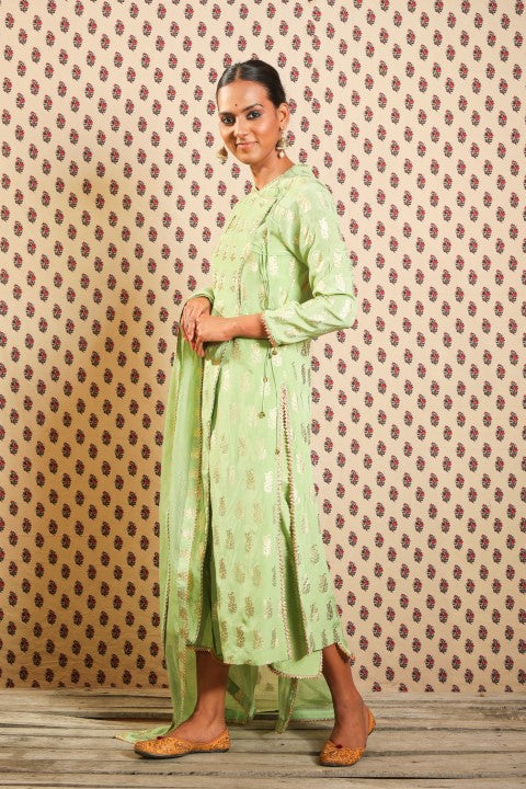 PISTA GREEN ANGRAKHA PAIRED WITH STRAIGHT PANTS AND HAND WOVEN KOTA DORIA DUPATTA.