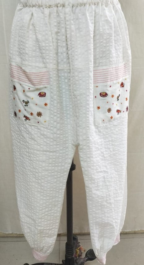 Seersucker Cotton Harem Pants With Emb. Patch Pocket. Azo Free