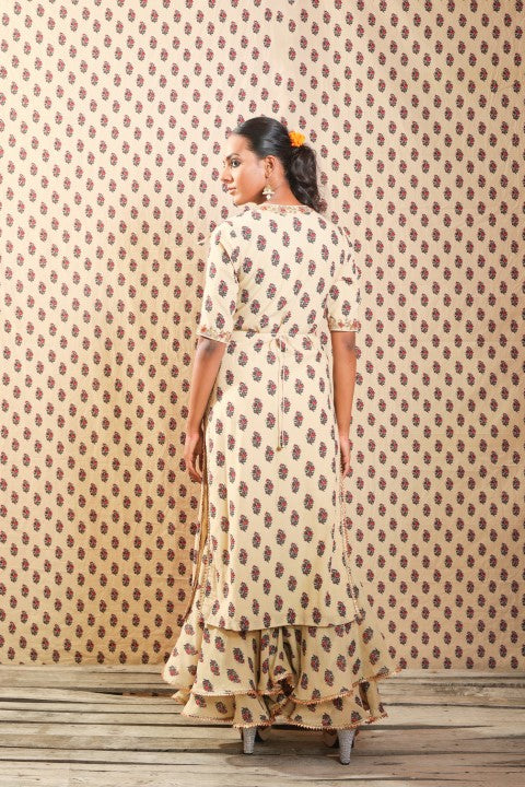 BEIGE HANDWOVEN ANGRAKHA PAIRED WITH HAND EMBROIDERED BELT, DOUBLE LAYERED SHARARA AND COTTON MULMUL DUPATTA.
