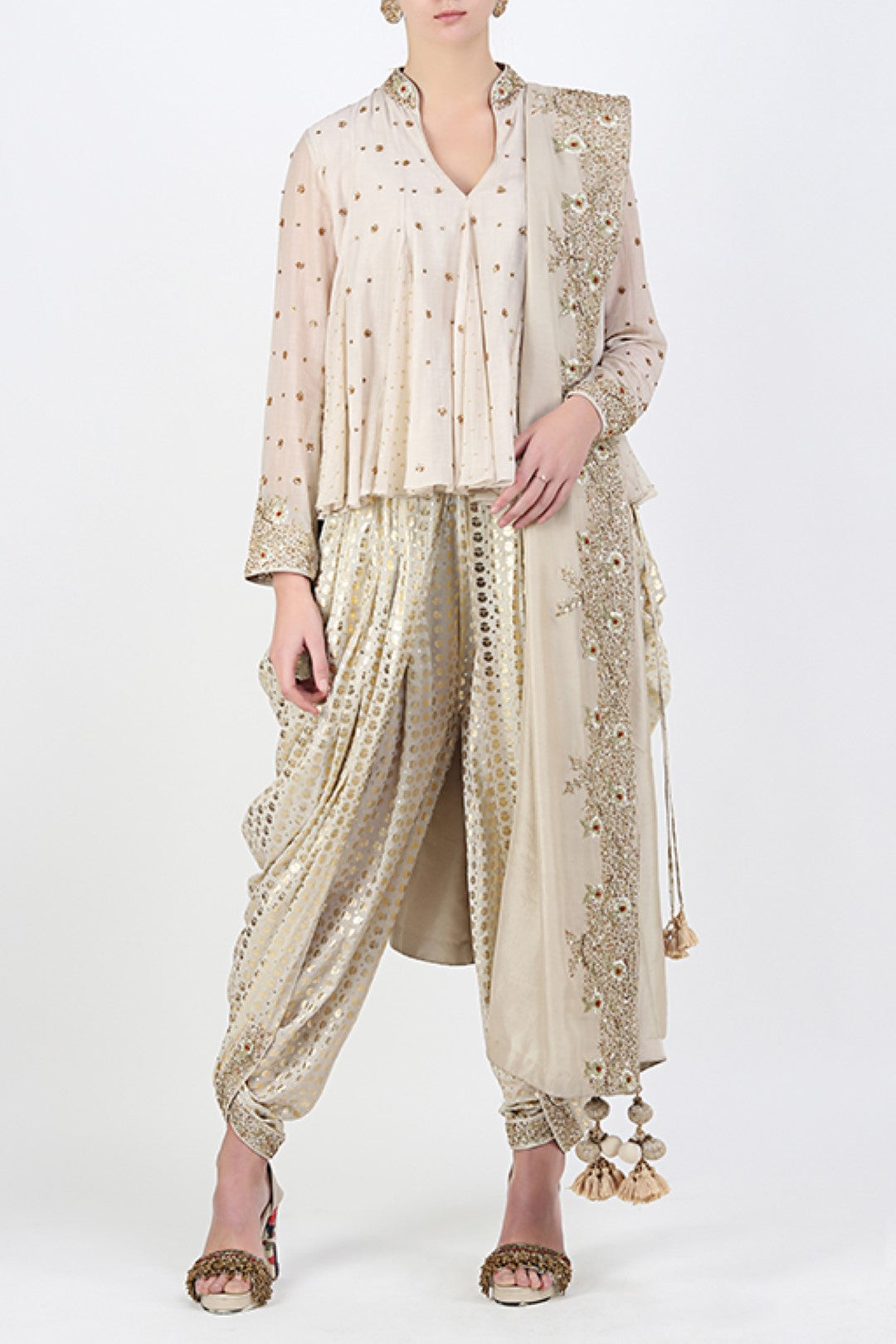 KALIS TOP WITH GOLD PRINTED COWL DHOTI AND EMBROIDERED PALLA.