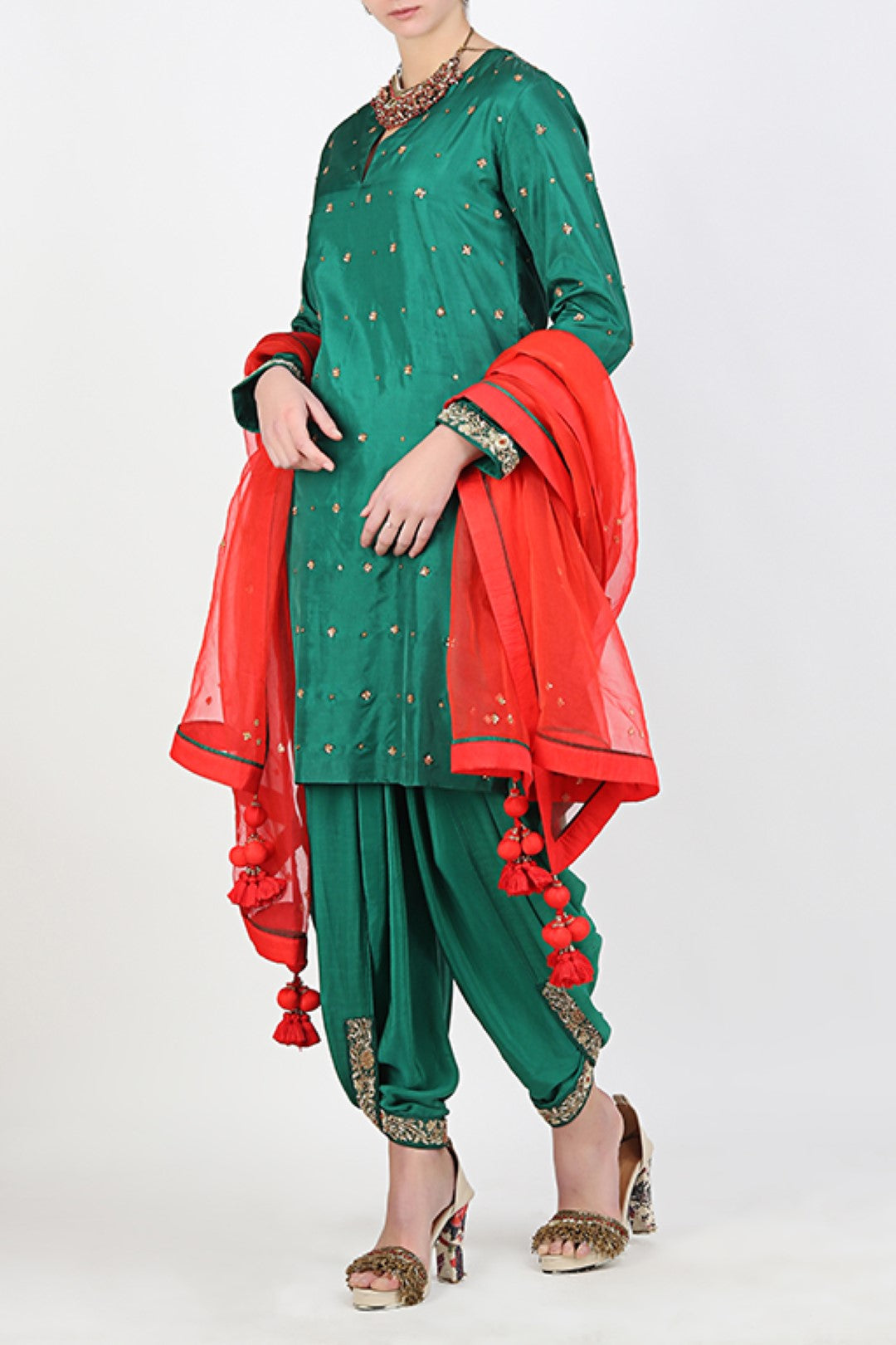 EMERALD GREEN EMBROIDERED SILK KURTA WITH COWL DHOTI AND EMBROIDERED DUPATTA.