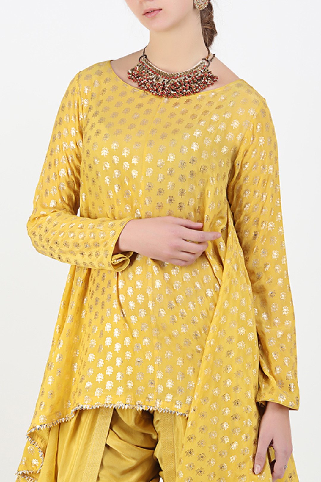 PITAMBARI YELLOW GOLD FOIL PRINTED ASYMMETRICAL TUNIC WITH FRONT OVERLAP DHOTI