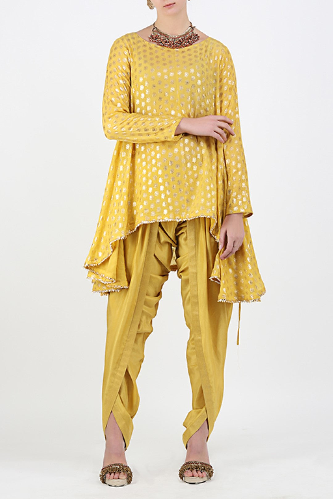 PITAMBARI YELLOW GOLD FOIL PRINTED ASYMMETRICAL TUNIC WITH FRONT OVERLAP DHOTI