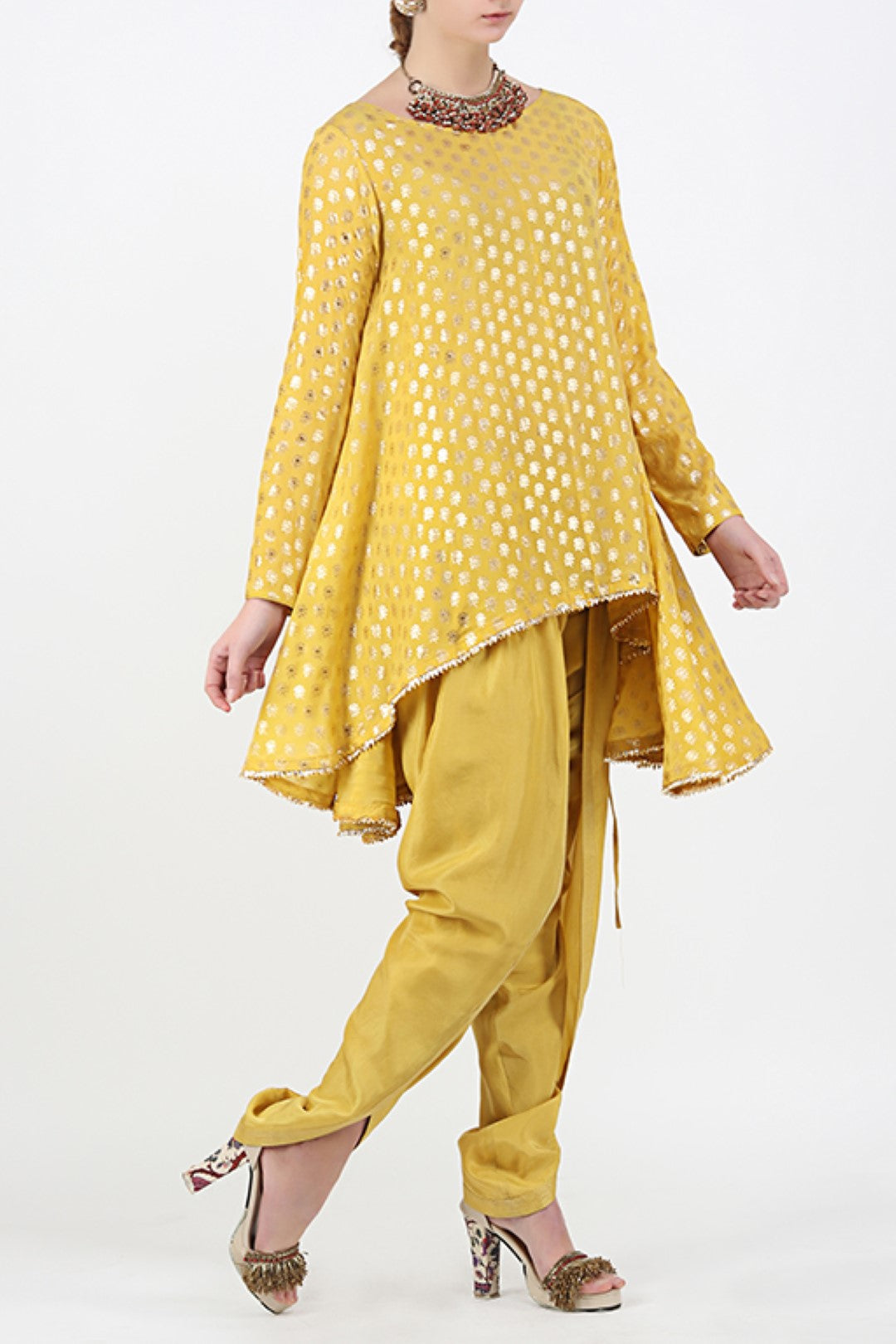 PITAMBARI YELLOW GOLD FOIL PRINTED ASYMMETRICAL TUNIC WITH FRONT OVERLAP DHOTI