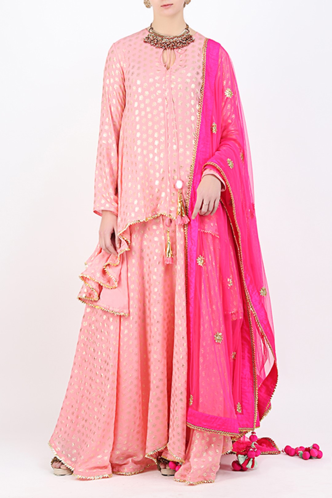 ROSE PINK GOLD PRINTED ASYMMETRICAL TUNIC WITH FOIL PRINTED ASYMMETRICAL SKIRT WITH DUPATTA.