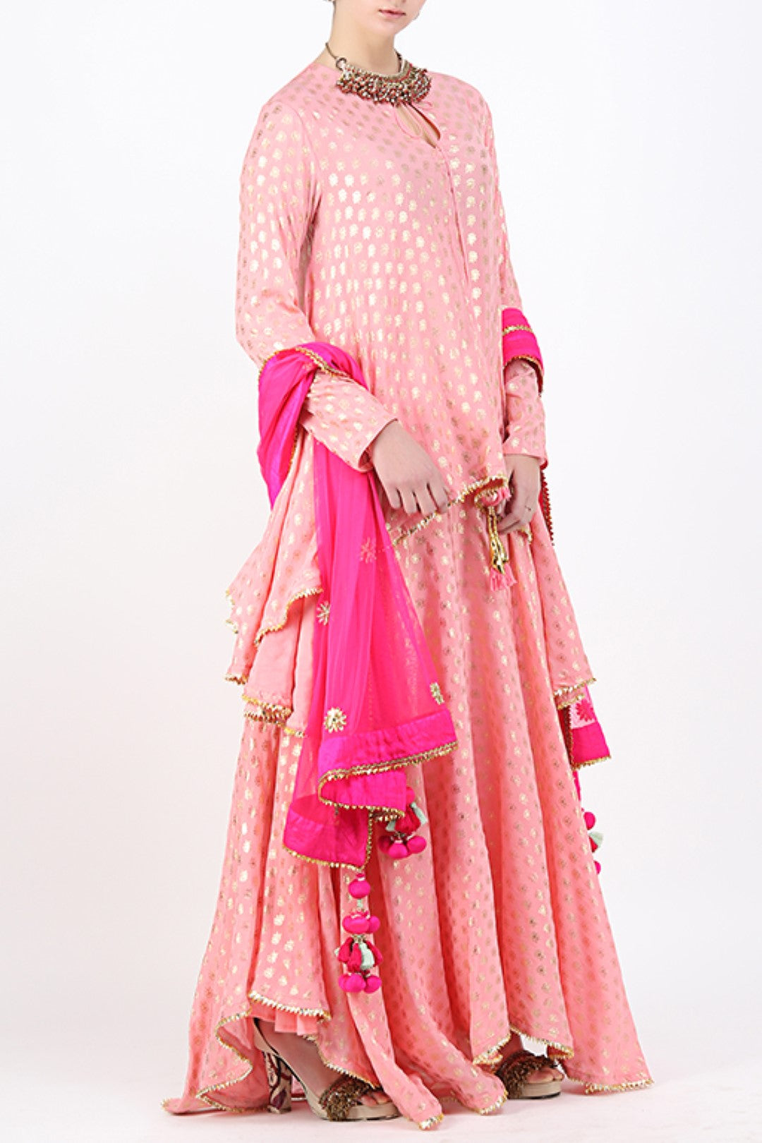 ROSE PINK GOLD PRINTED ASYMMETRICAL TUNIC WITH FOIL PRINTED ASYMMETRICAL SKIRT WITH DUPATTA.