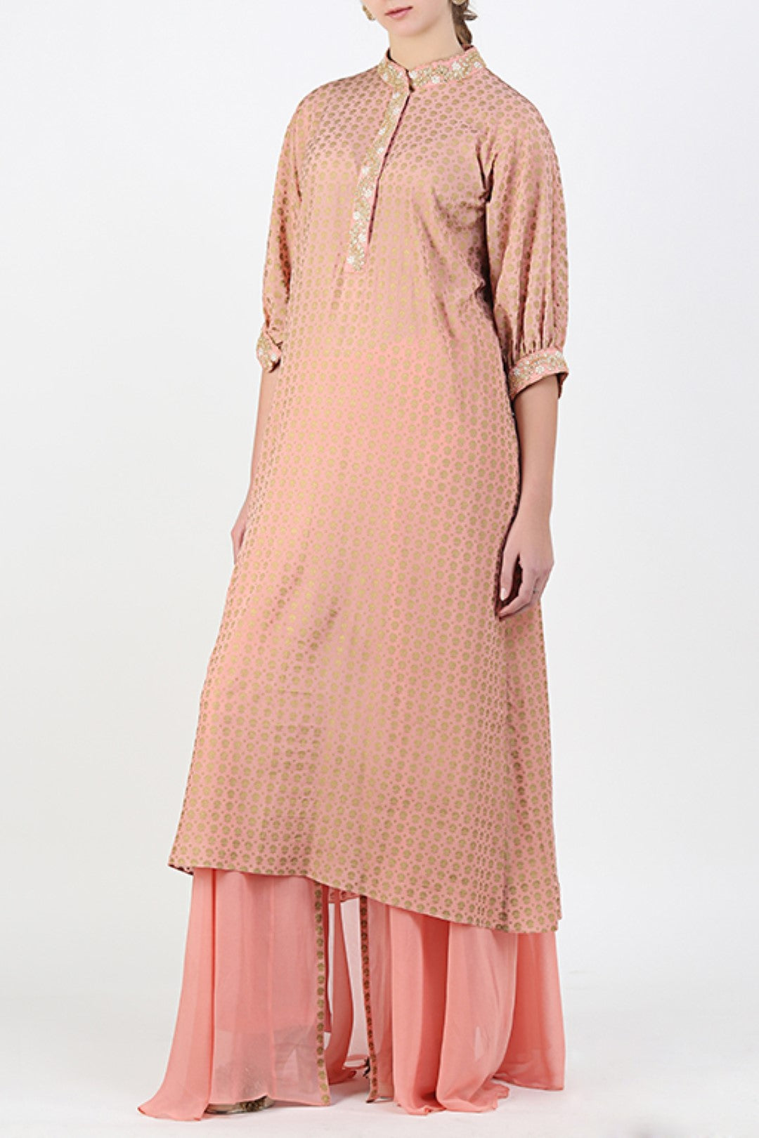 DUSKY SALMON PRINTED EMBROIDERED KURTA WITH FRONT OPEN SHARARA