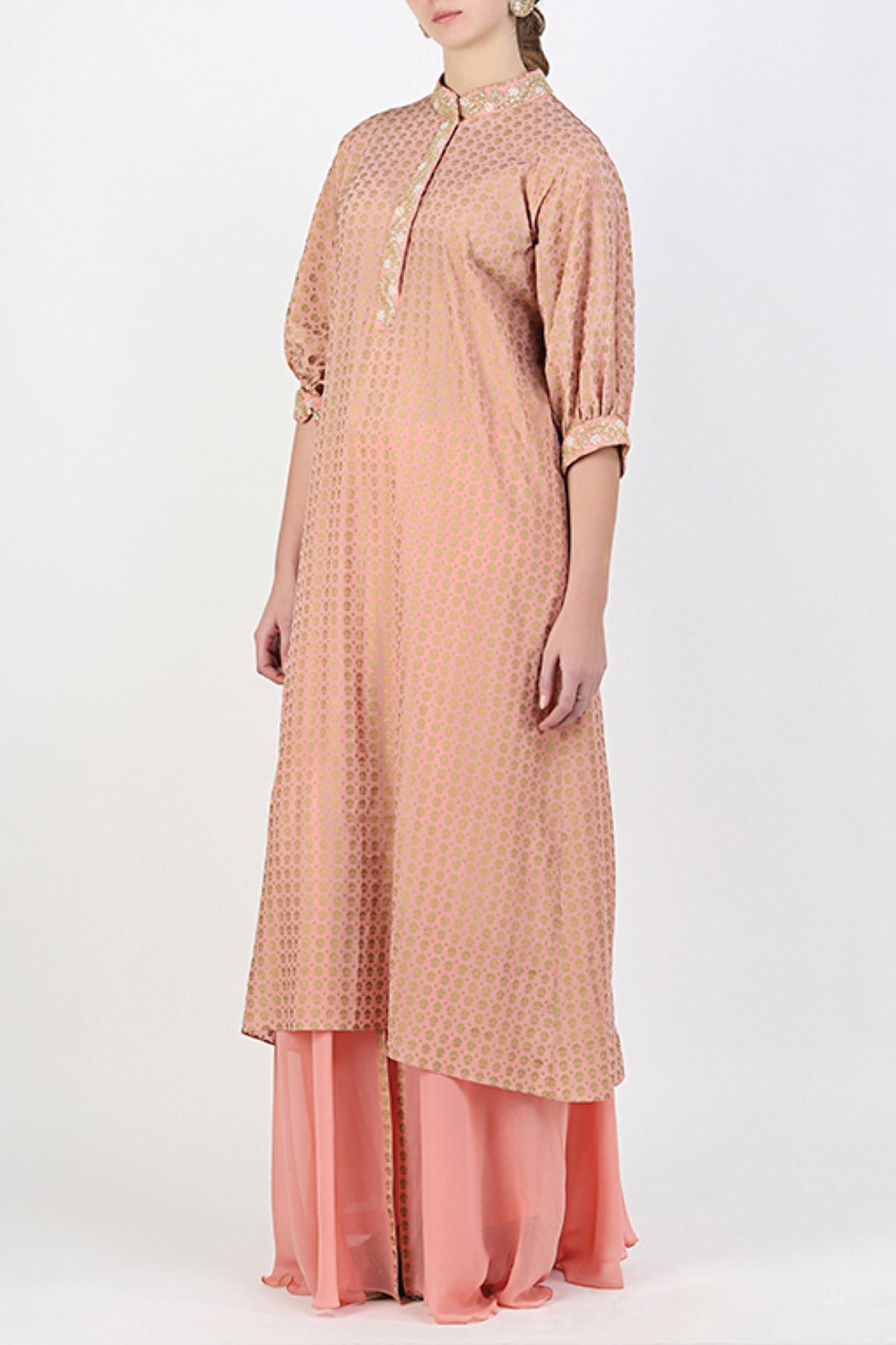 DUSKY SALMON PRINTED EMBROIDERED KURTA WITH FRONT OPEN SHARARA