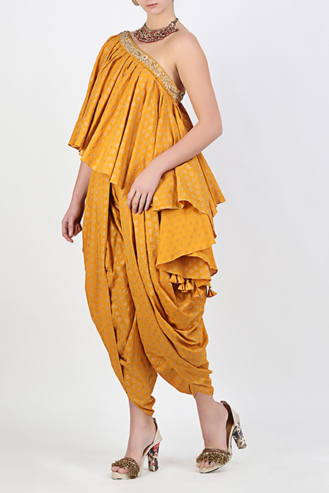 OCHRE SCREEN PRINTED ONE OFF SHOULDER TOP WITH SCREEN PRINTED COWL DHOTI