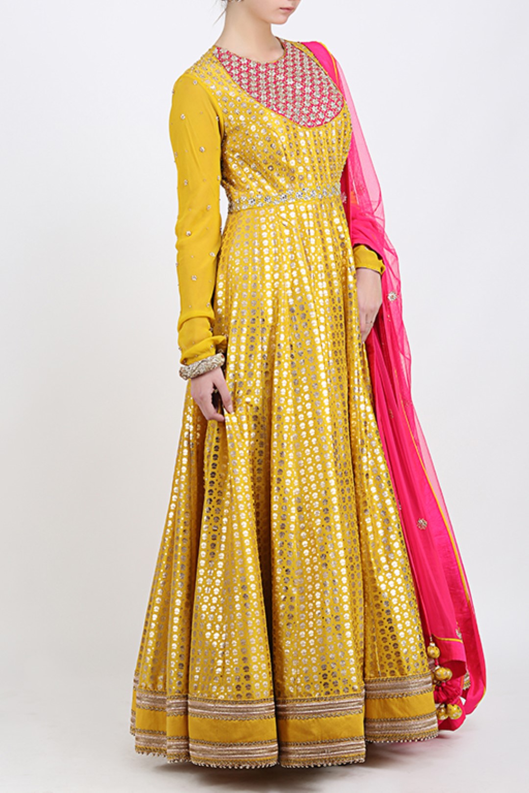 PITAMBARI YELLOW GOLD PRINTED EMBROIDERED KALIDAR WITH DUPATTA AND CHURIDAR.