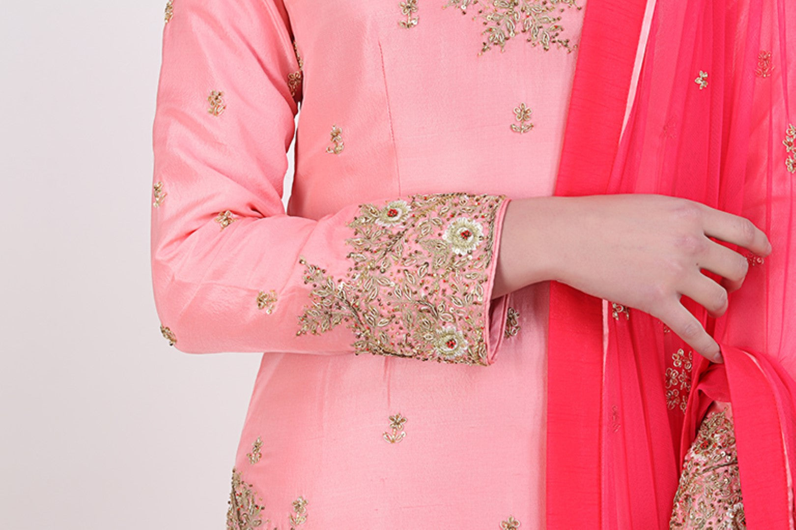 ROSE PINK EMBROIDERED APPLE CUT KURTA WITH DOUBLE LAYERED BROCADE SKIRT AND DUPATTA.